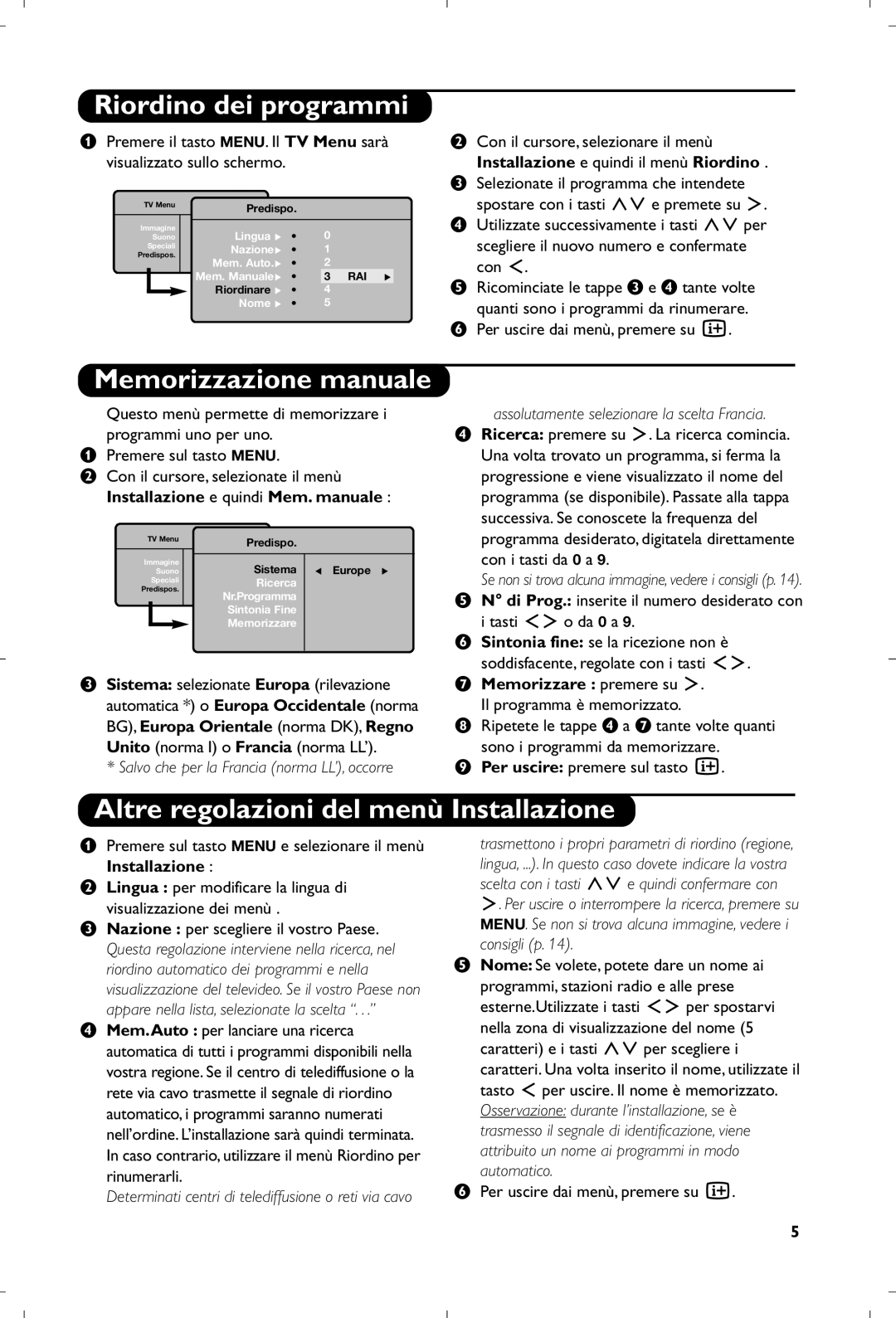 Philips 15PF4110/58 Riordino dei programmi, Memorizzazione manuale, Altre regolazioni del menù Installazione 