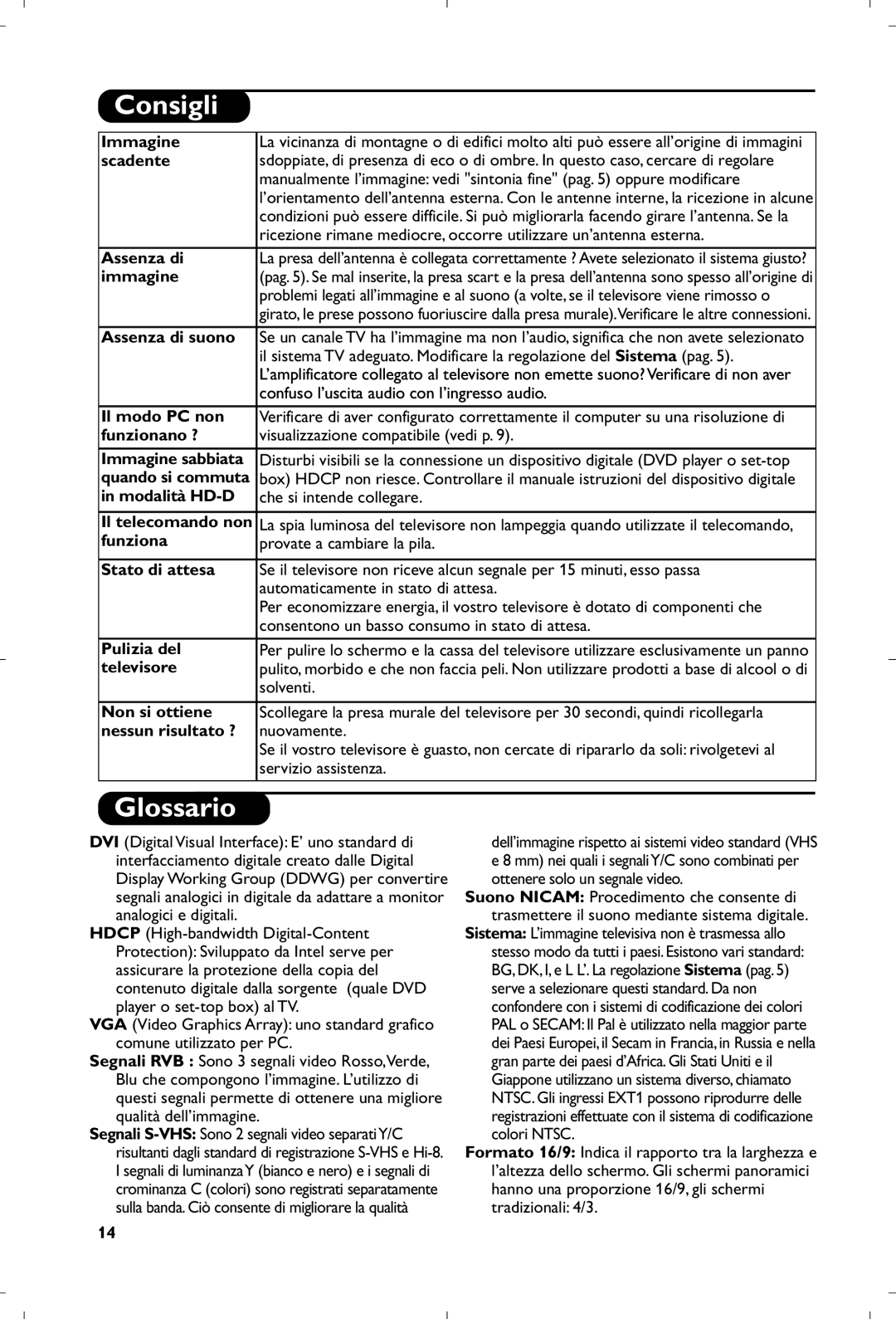 Philips 15PF4110/58 manual Consigli, Glossario 