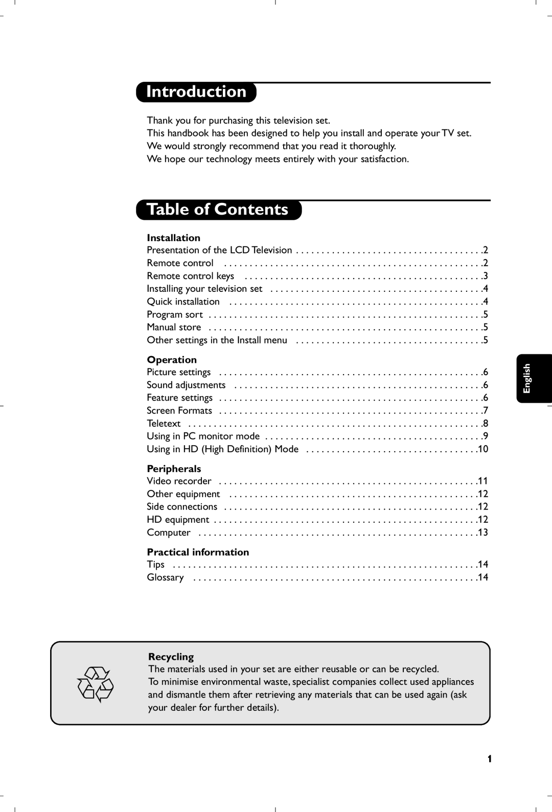 Philips 15PF4110/58 manual Introduction, Table of Contents 