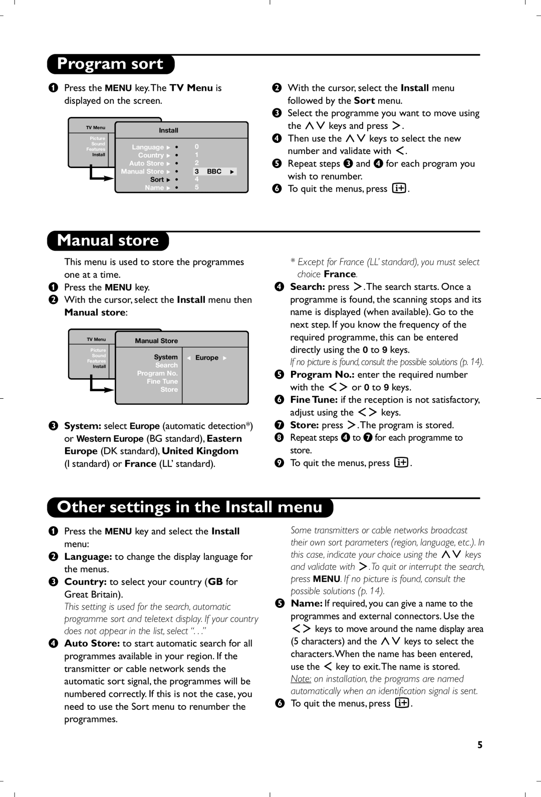 Philips 15PF4110/58 manual Program sort, Manual store, Other settings in the Install menu 