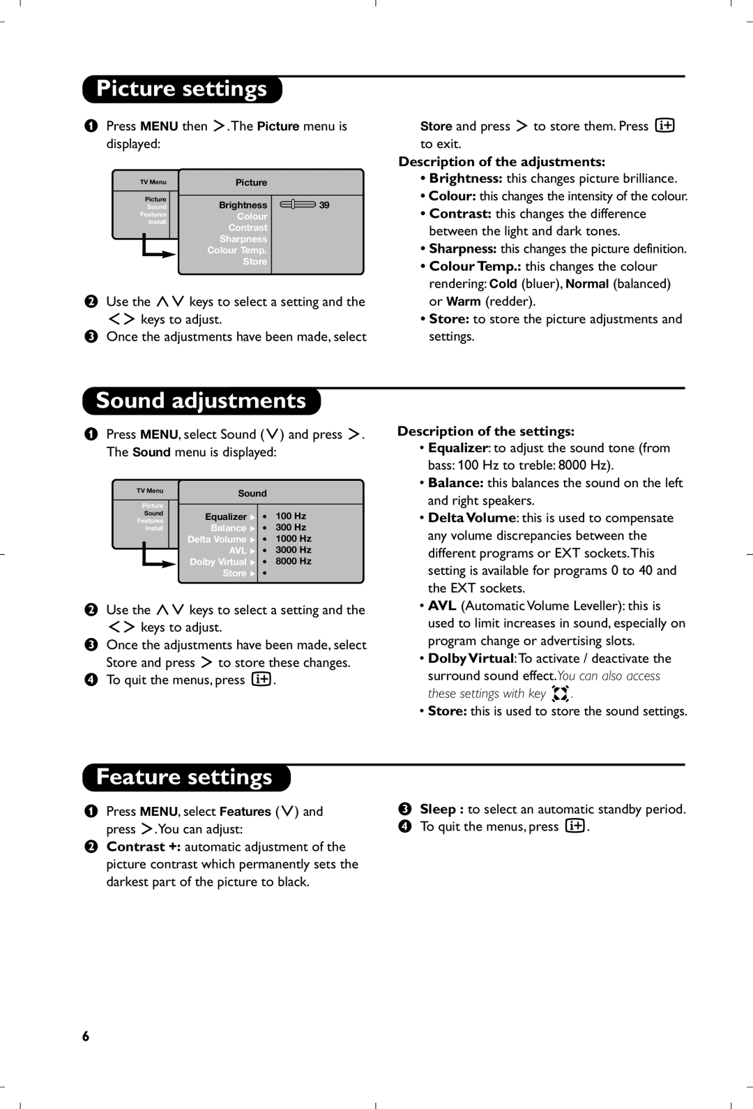 Philips 15PF4110/58 manual Picture settings, Sound adjustments, Feature settings, Description of the adjustments 