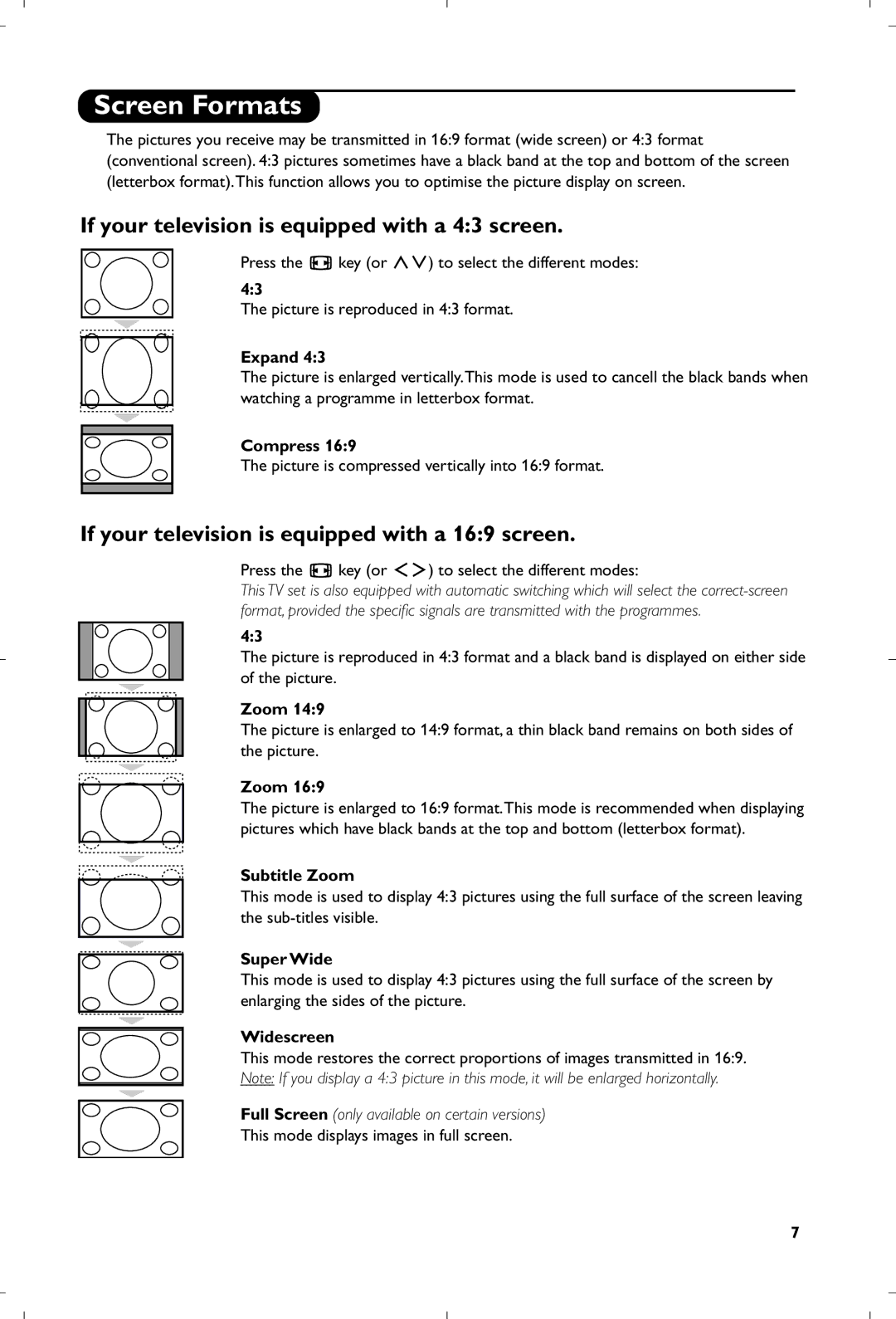 Philips 15PF4110/58 manual Screen Formats, If your television is equipped with a 43 screen 