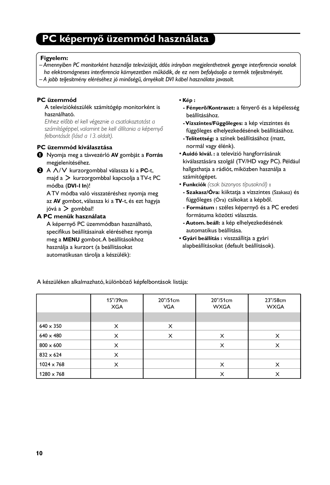 Philips 15PF4121, 23PF4321 manual PC képernyő üzemmód használata, Figyelem, PC üzemmód kiválasztása, PC menük használata 