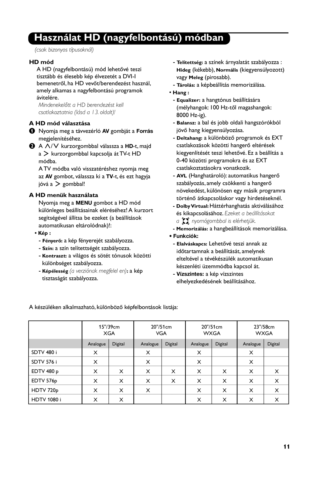 Philips 23PF4321, 15PF4121, 20PF4121 manual Használat HD nagyfelbontású módban, HD mód választása, HD menük használata 