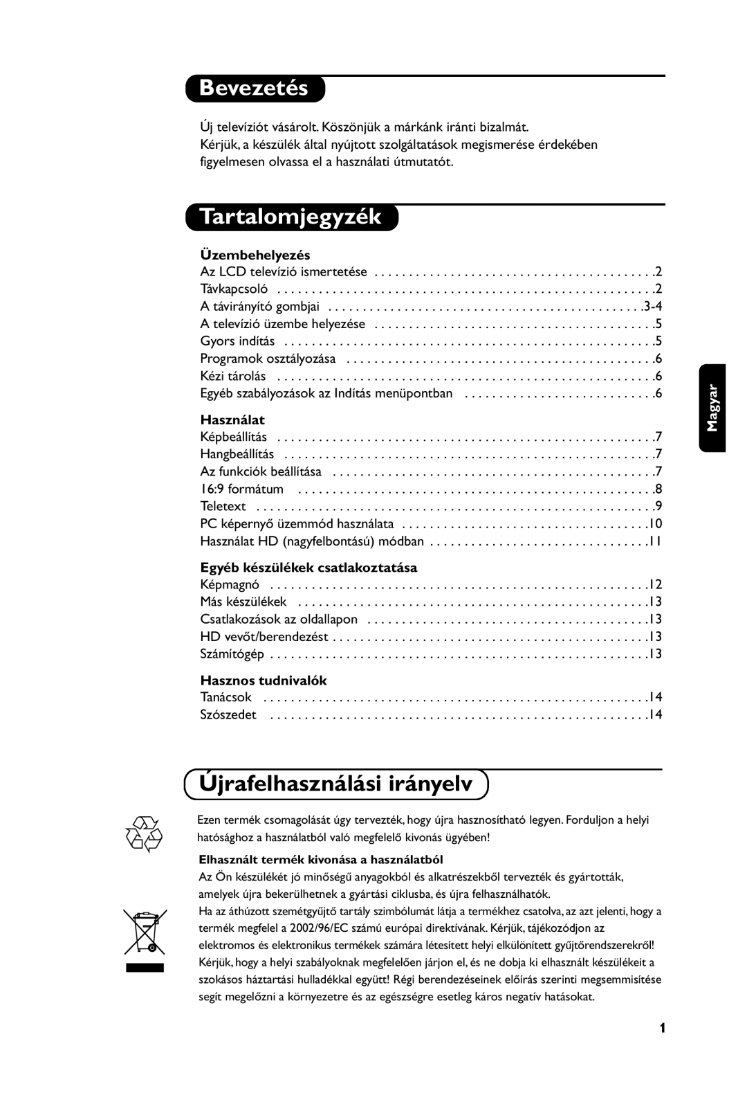 Philips 20PF4321, 15PF4121, 23PF4321, 20PF4121 manual Bevezetés, Tartalomjegyzék 