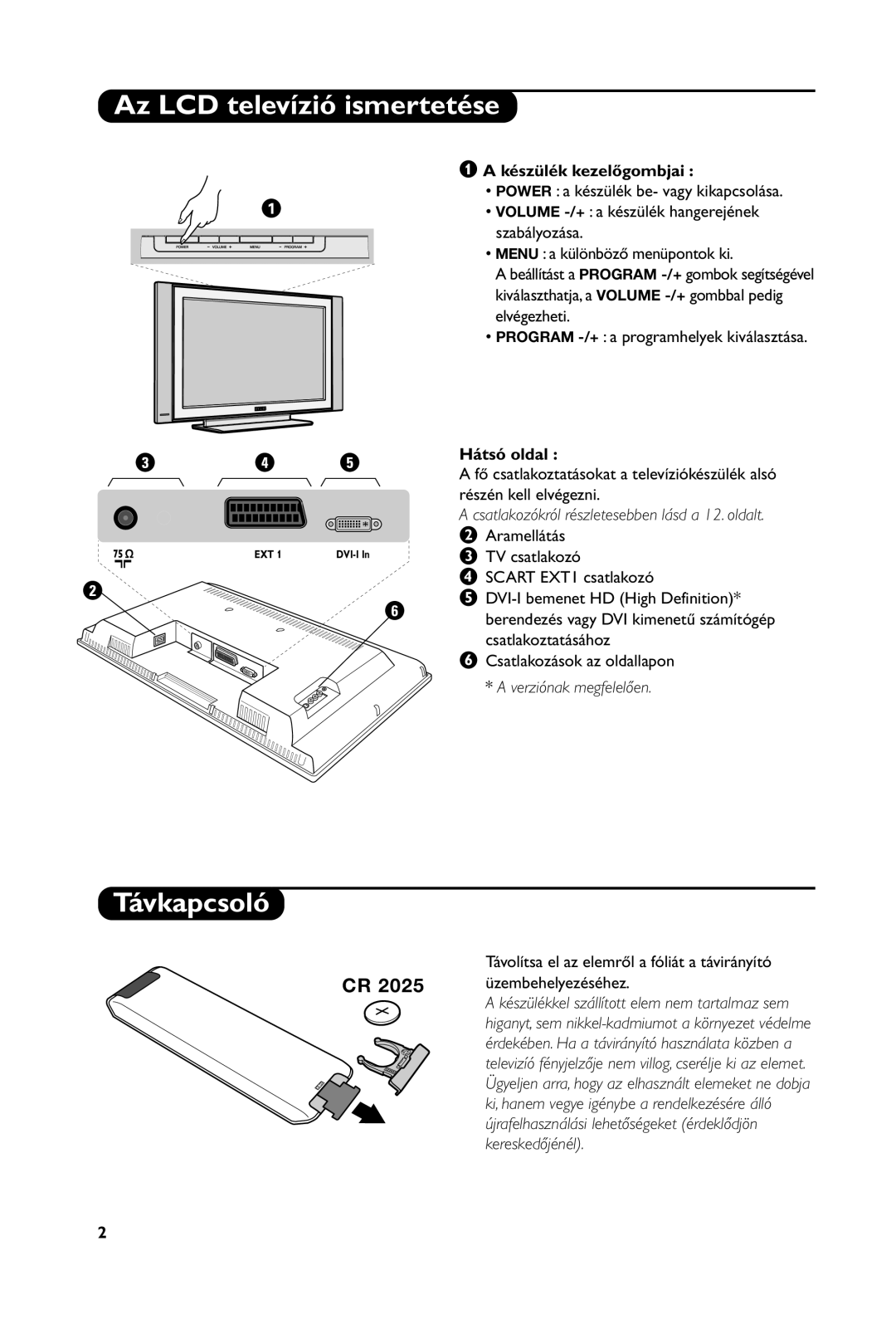 Philips 15PF4121, 23PF4321, 20PF4121 manual Az LCD televízió ismertetése, Távkapcsoló, Készülék kezelőgombjai, Hátsó oldal 