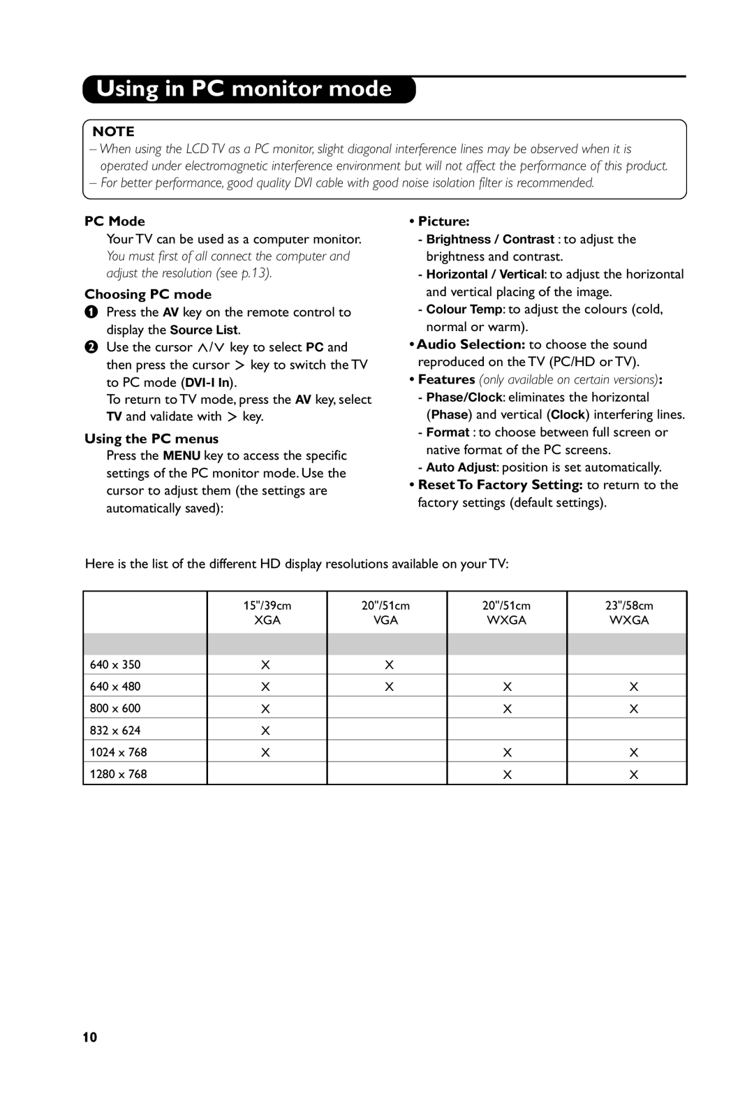 Philips 15PF4121, 23PF4321, 20PF4121 manual Using in PC monitor mode, PC Mode, Choosing PC mode, Using the PC menus, Picture 