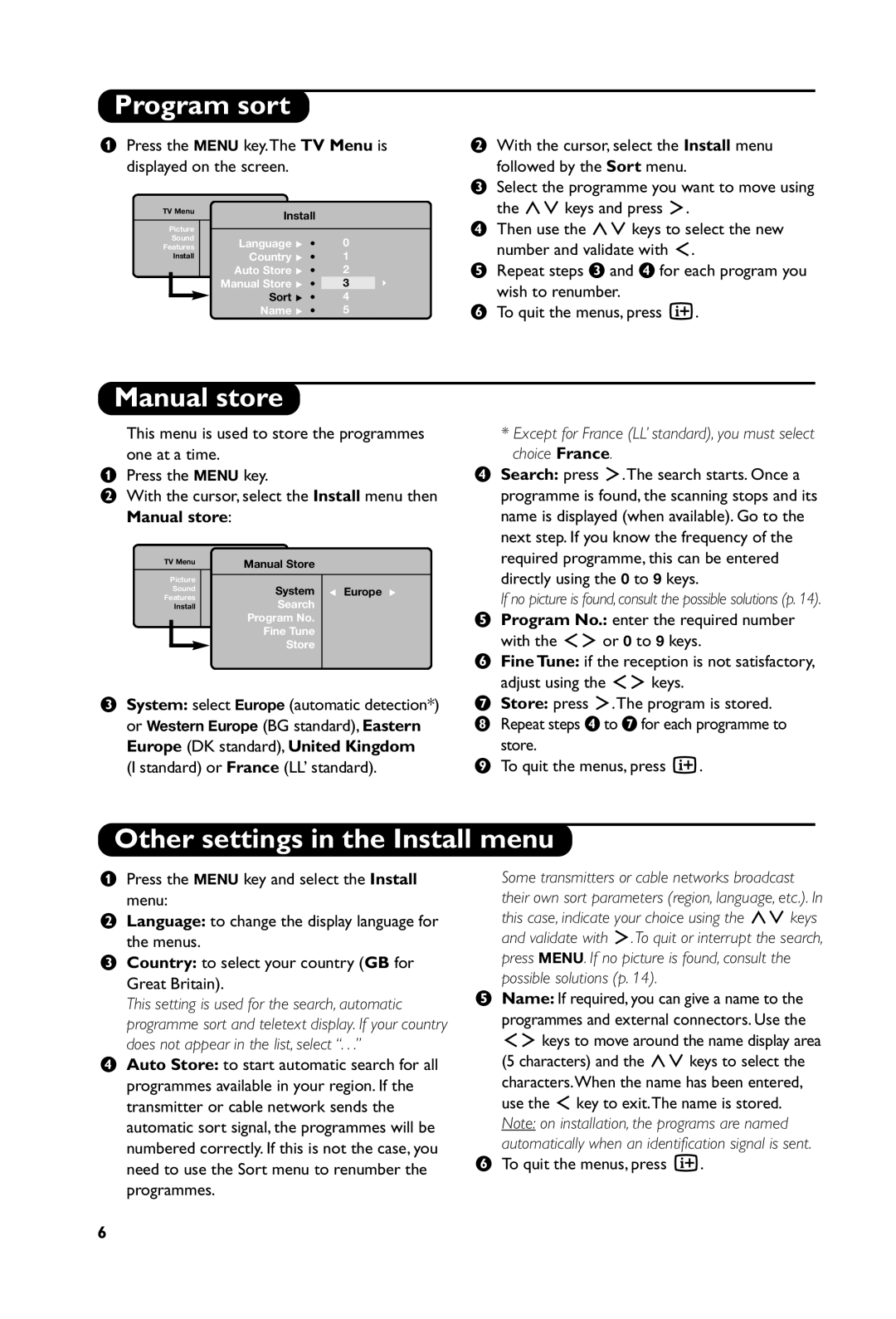 Philips 15PF4121, 23PF4321, 20PF4121, 20PF4321 manual Program sort, Manual store, Other settings in the Install menu 