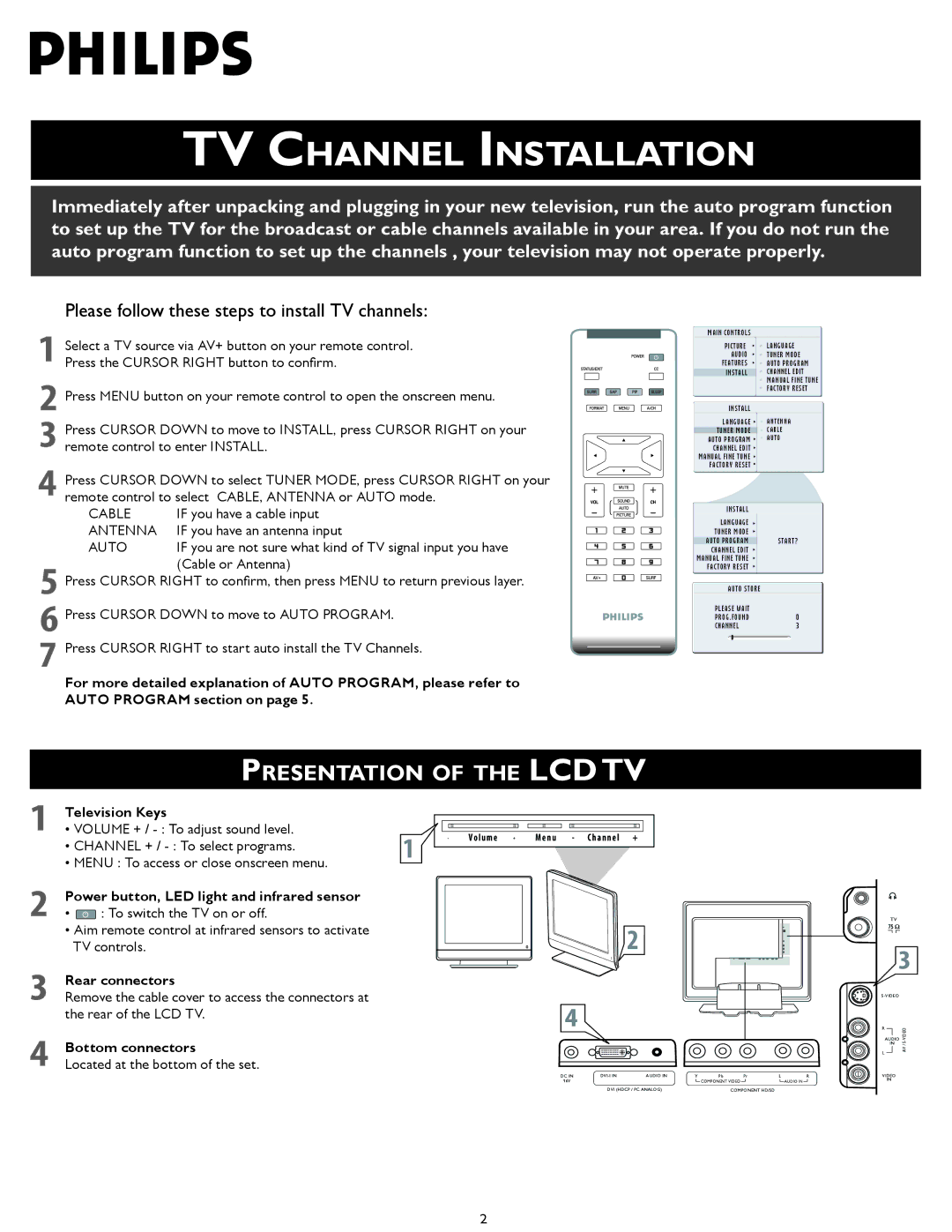 Philips 15PF5120/28B setup guide TV Channel Installation, Presentation of the Lcdtv, Cable, Antenna, Auto 