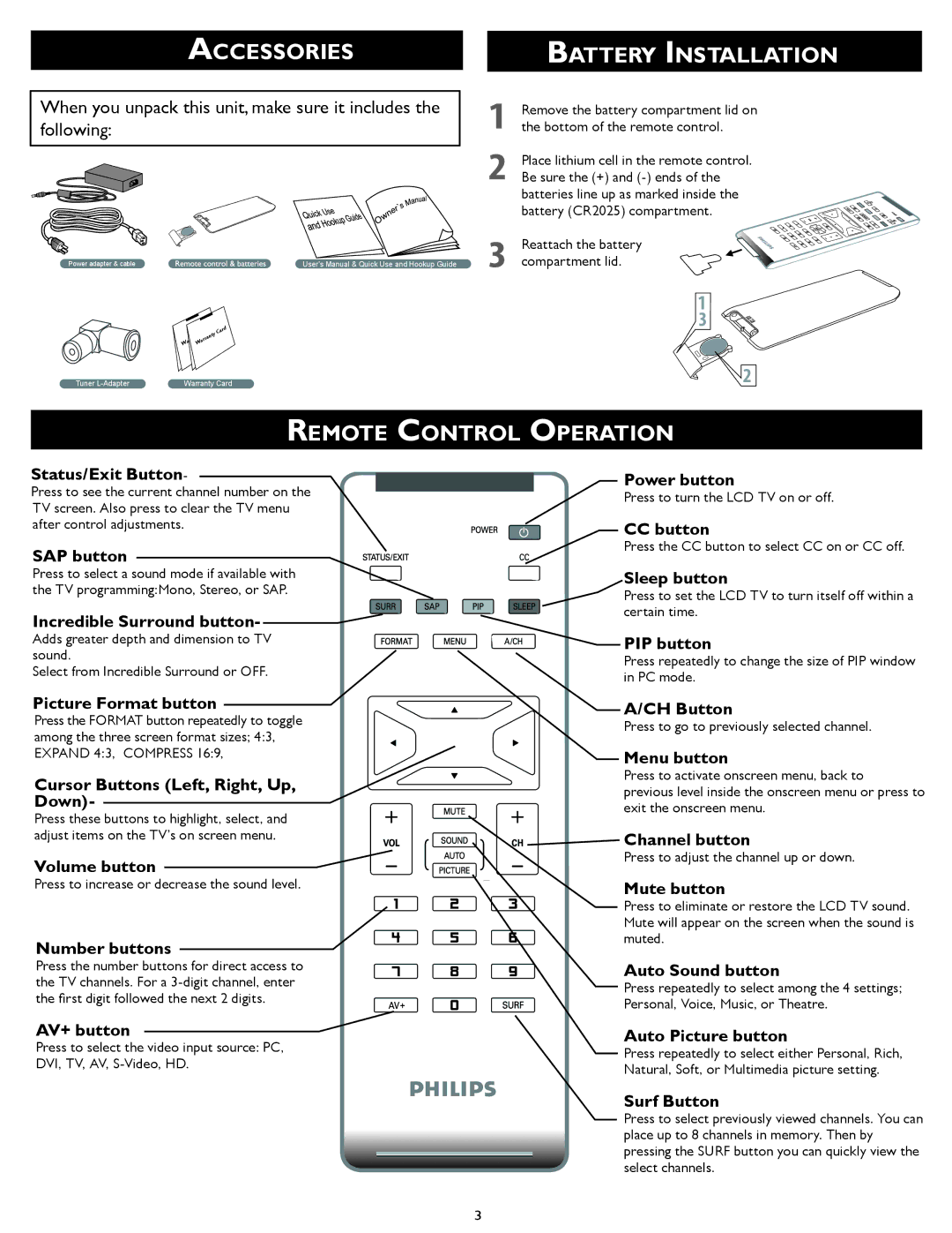 Philips 15PF5120/28B setup guide Accessories Battery Installation, Remote Control Operation 