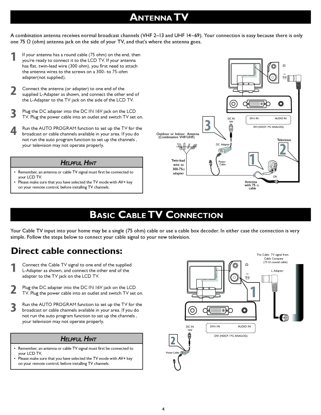 Philips 15PF5120/28B setup guide Antenna TV, Basic Cable TV Connection 