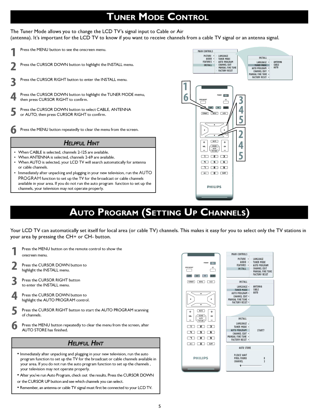 Philips 15PF5120/28B setup guide Tuner Mode Control, Auto Program Setting UP Channels 