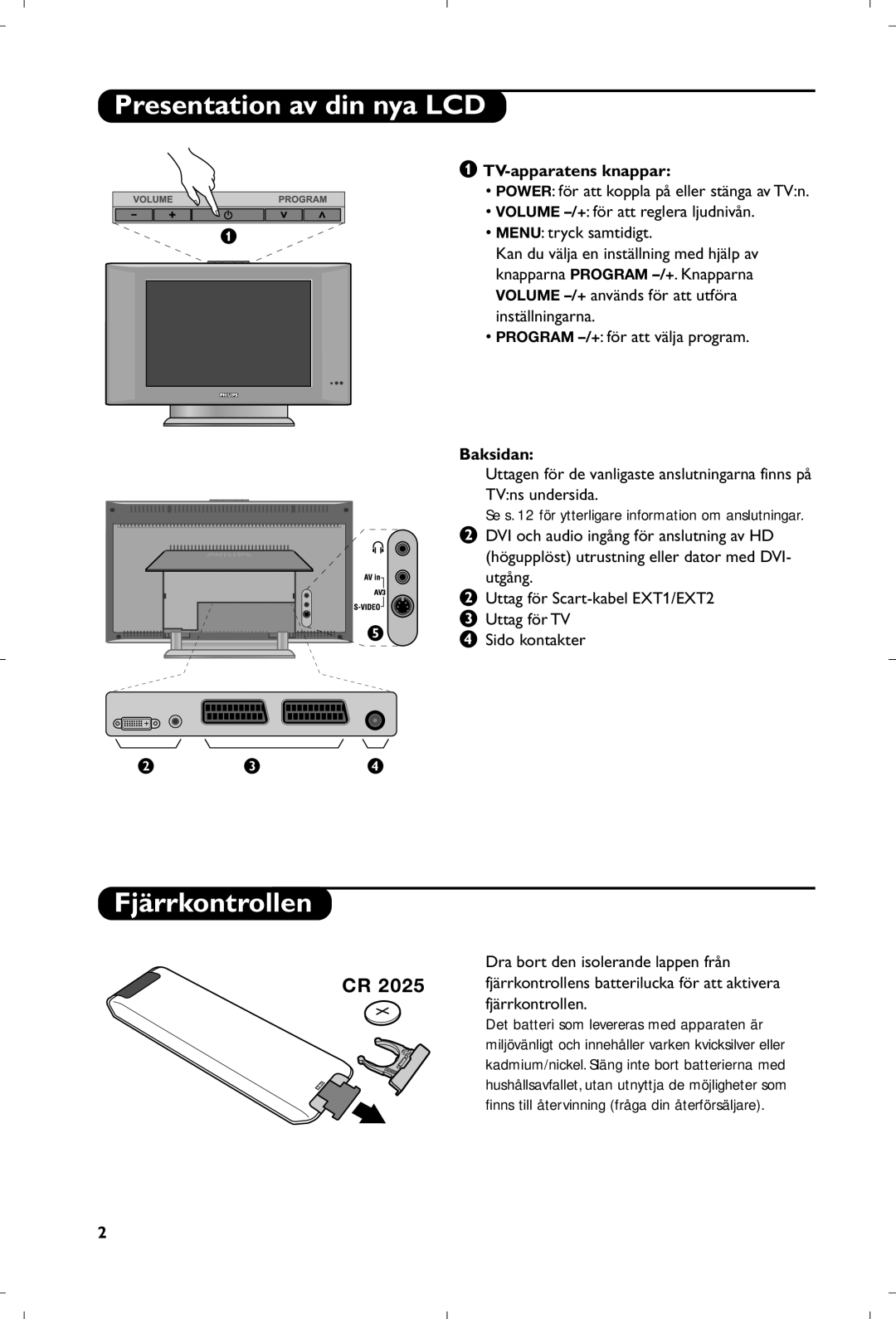 Philips 15PF5120/58 manual Presentation av din nya LCD, Fjärrkontrollen, TV-apparatens knappar, Baksidan 