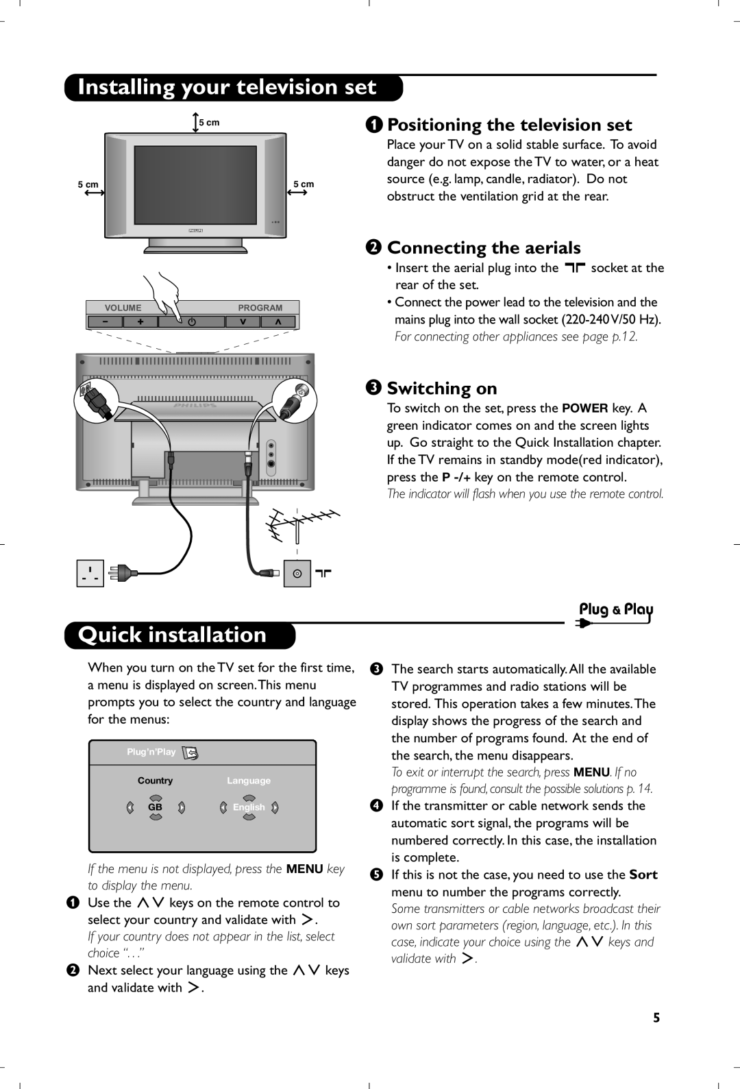 Philips 15PF5120/58 manual Installing your television set, Quick installation, Positioning the television set, Switching on 