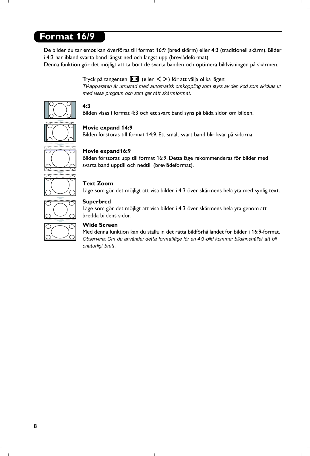 Philips 15PF5120/58 manual Format 16/9, Movie expand169, Text Zoom, Wide Screen 