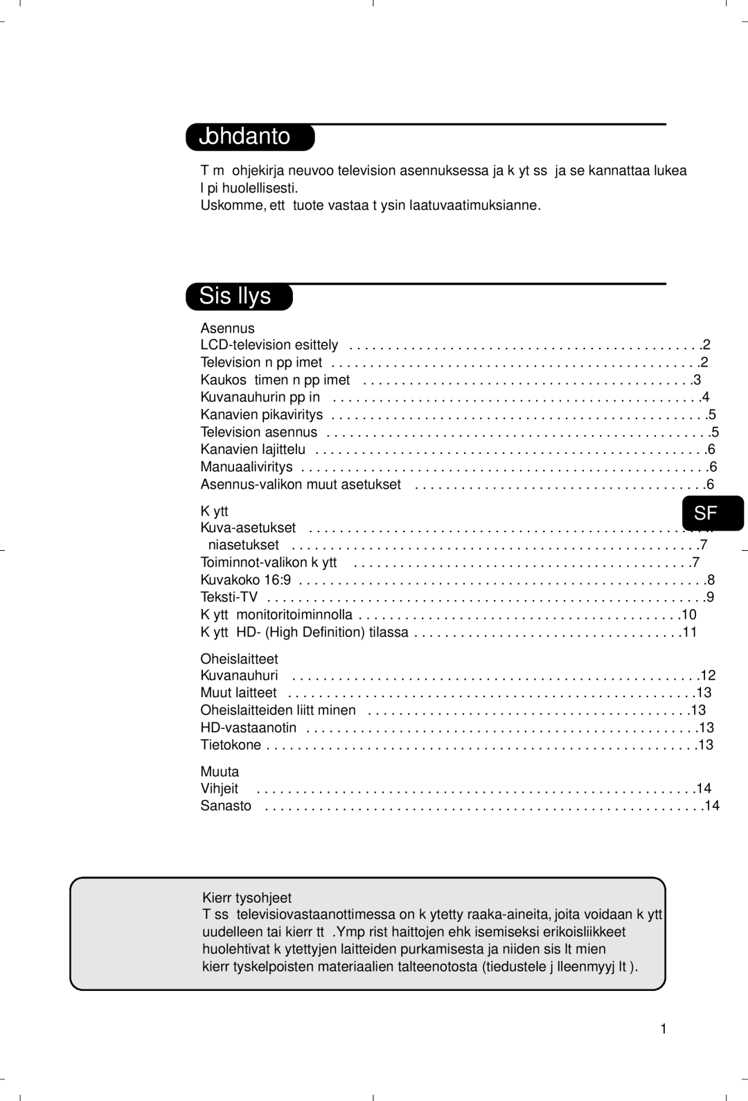 Philips 15PF5120/58 manual Johdanto, Sisällys 