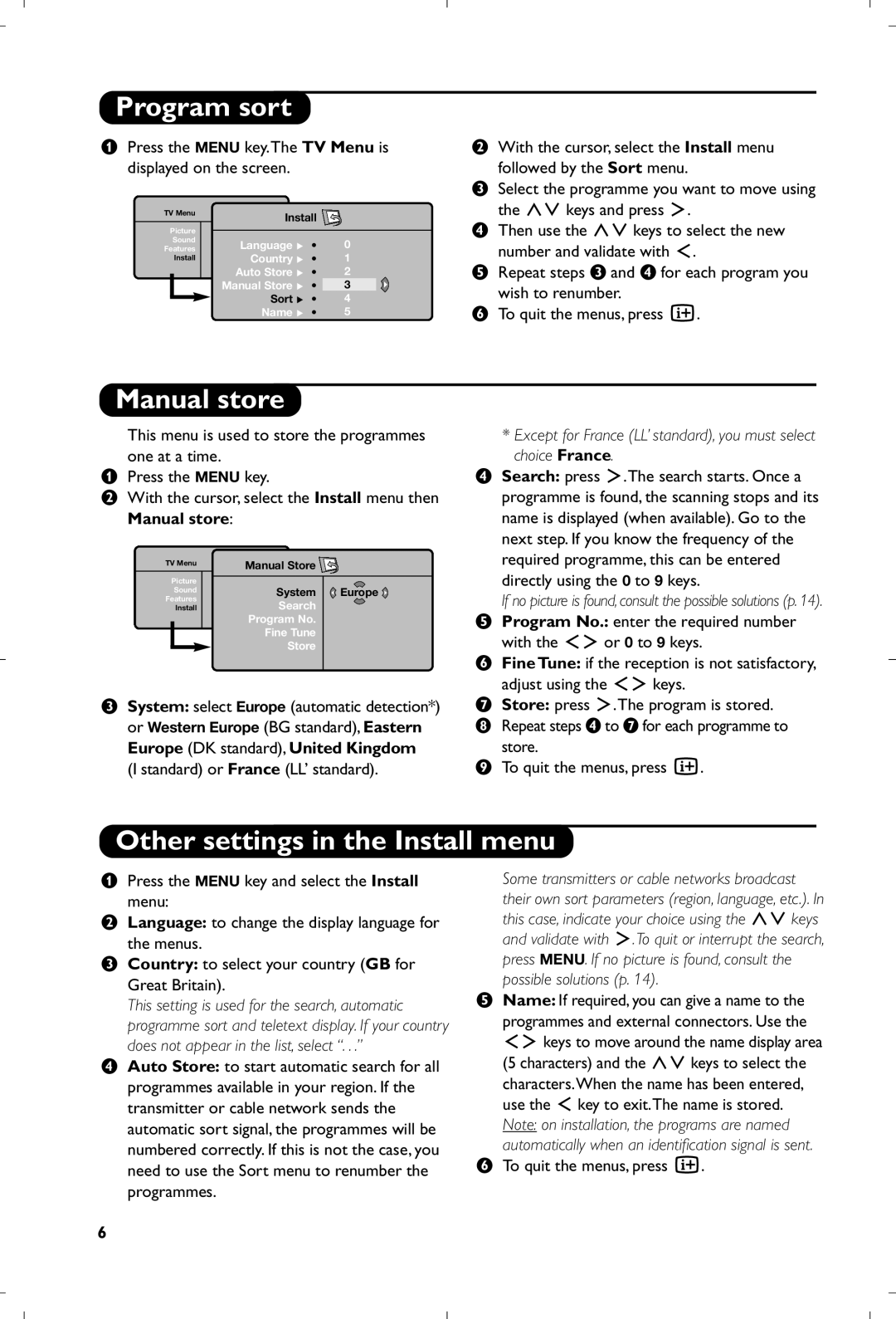 Philips 15PF5120/58 manual Program sort, Manual store, Other settings in the Install menu 