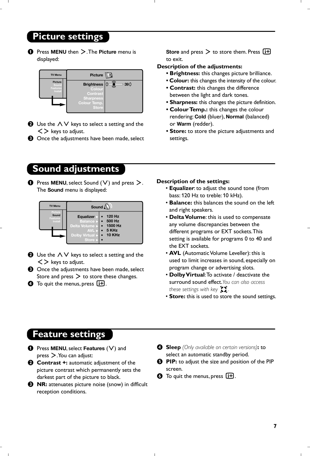 Philips 15PF5120/58 manual Picture settings, Sound adjustments, Feature settings, Description of the adjustments 