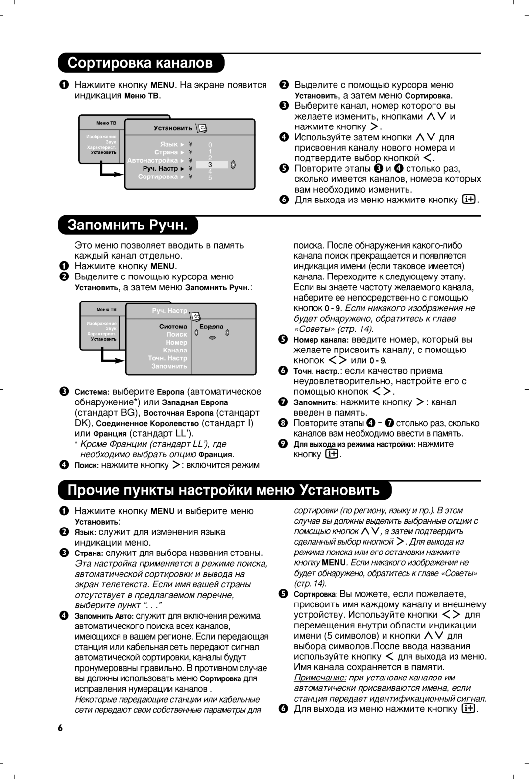 Philips 15PF5120/58 manual Ëóúëó‚Í‡ Í‡Ì‡Îó‚, ‡ÔÓÏÌËÚ¸ êÛ˜Ì, Ó˜ËÂ ÔÛÌÍÚ˚ Ì‡ÒÚÓÈÍË ÏÂÌ˛ ìÒÚ‡ÌÓ‚ËÚ¸ 