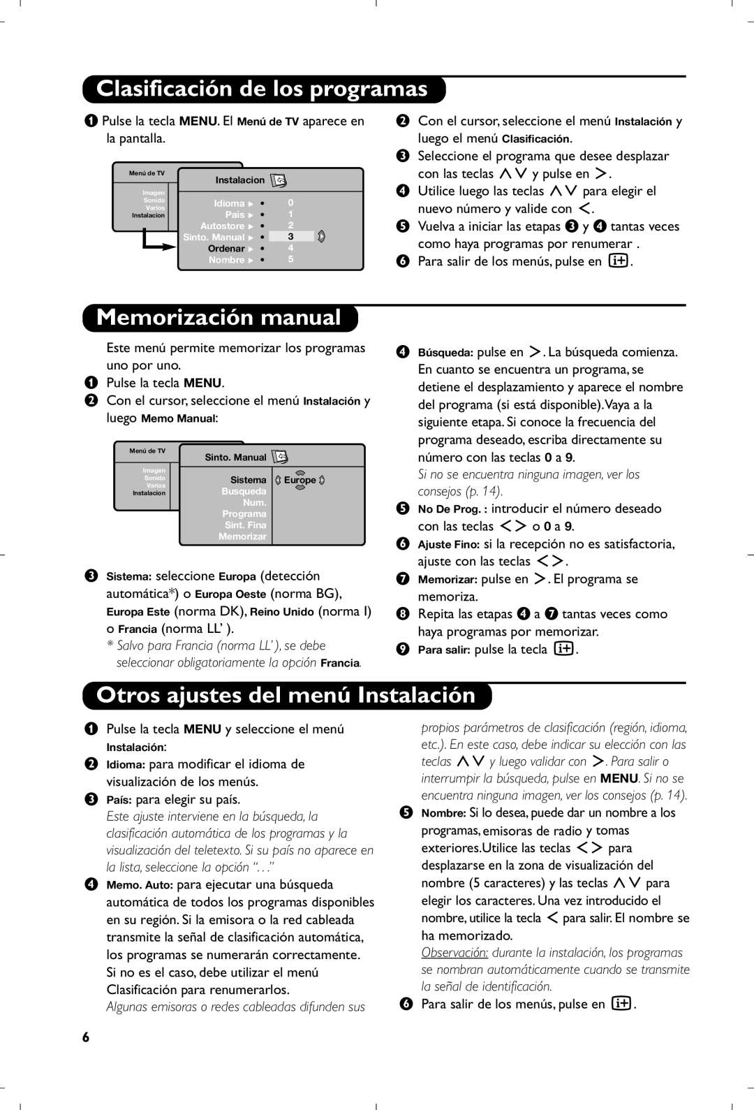 Philips 15PF5120/58 Clasificación de los programas, Memorización manual, Otros ajustes del menú Instalación 