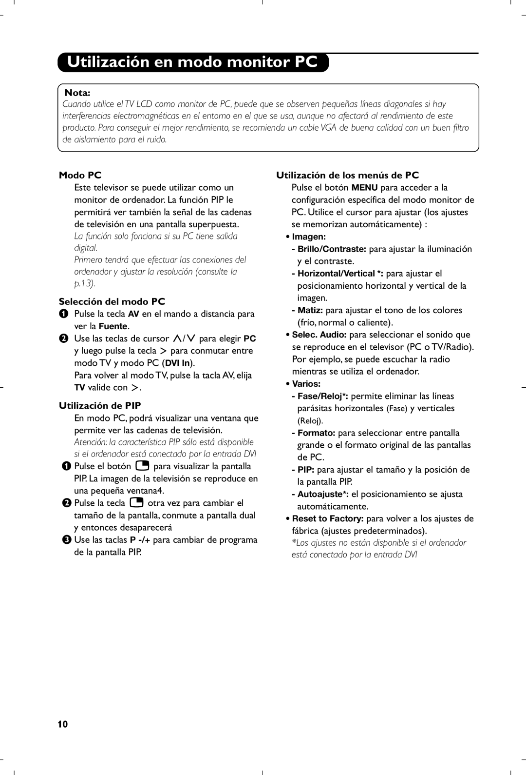 Philips 15PF5120/58 manual Utilización en modo monitor PC, Modo PC, Selección del modo PC, Utilización de PIP 