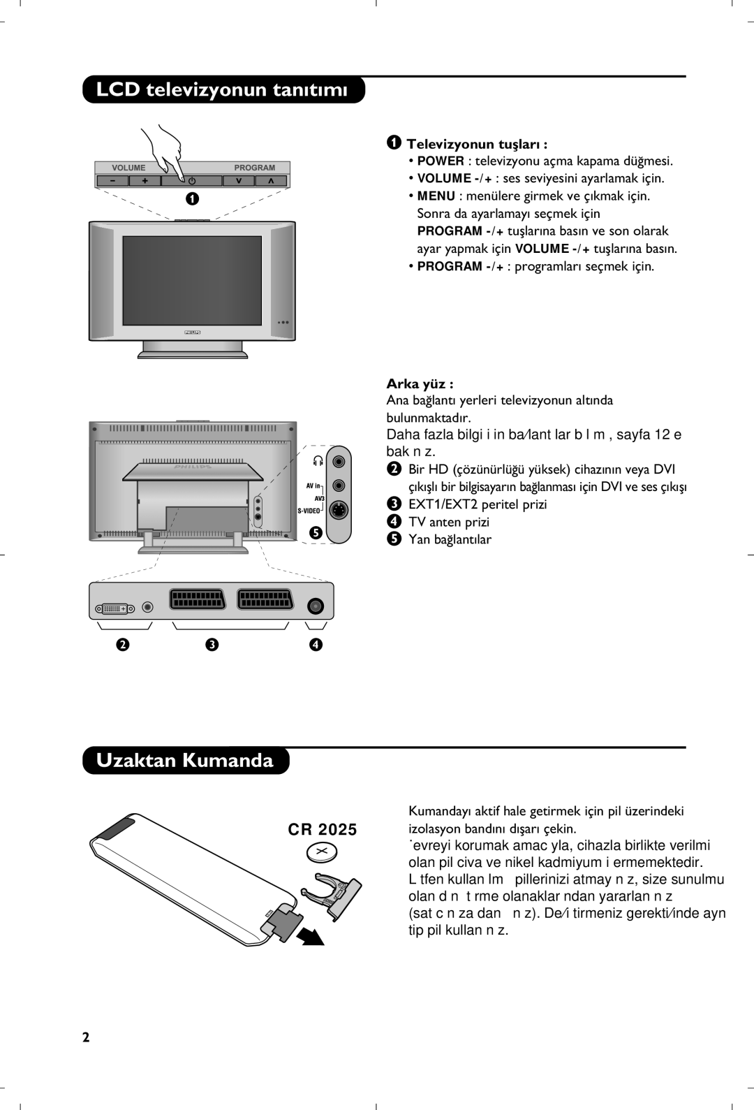 Philips 15PF5120/58 manual LCD televizyonun tan›t›m›, Uzaktan Kumanda, Televizyonun tuﬂlar›, Arka yüz 