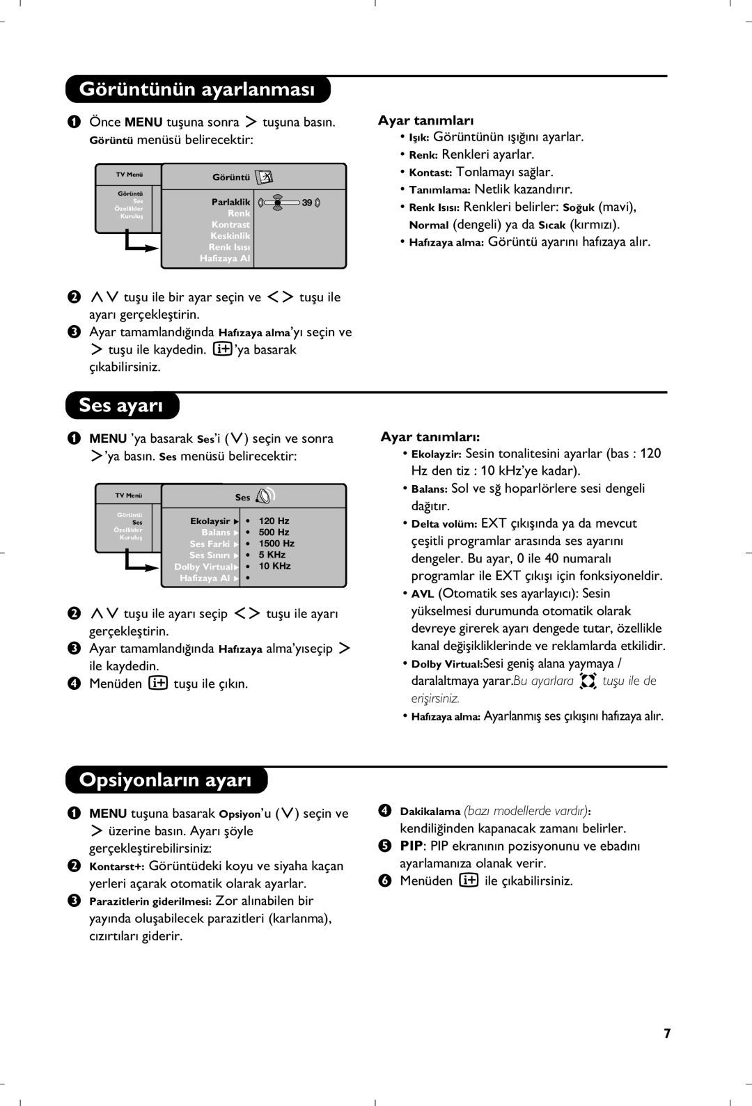 Philips 15PF5120/58 manual Görüntünün ayarlanmas›, Ses ayar›, Opsiyonlar›n ayar›, Ayar tan›mlar› 