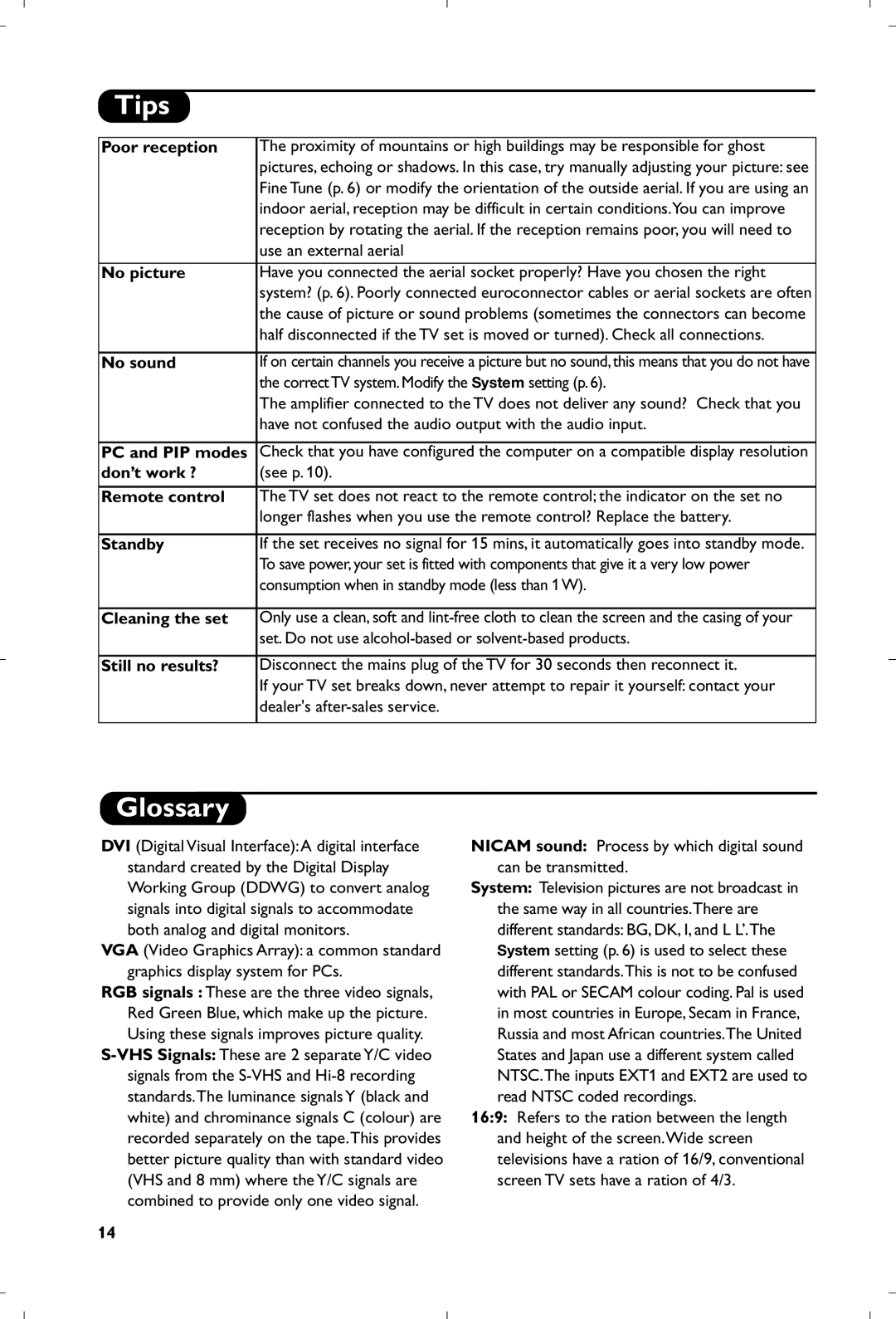 Philips 15PF5120/58 manual Tips, Glossary 