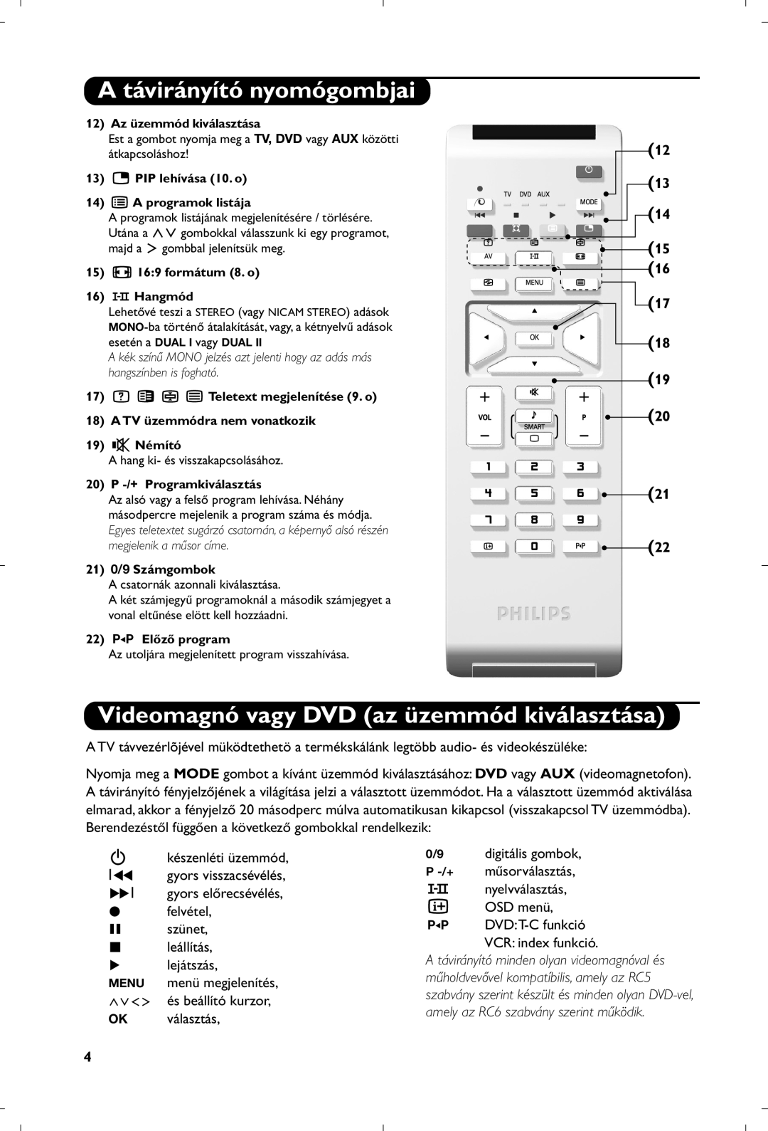 Philips 15PF5120/58 manual Videomagnó vagy DVD az üzemmód kiválasztása 