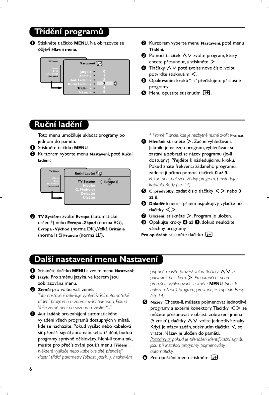 Philips 15PF5120/58 manual Třídění programů, Ruční ladění, Další nastavení menu Nastavení, Kapitolu Rady str 