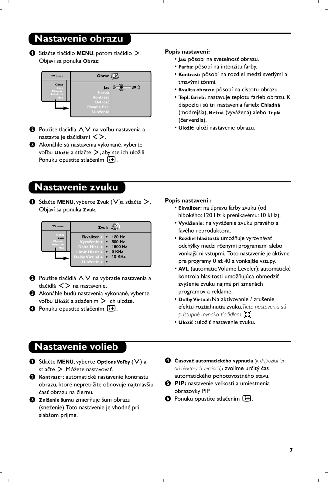 Philips 15PF5120/58 manual Nastavenie obrazu, Nastavenie zvuku, Nastavenie volieb, Uložiť uloží nastavenie obrazu 