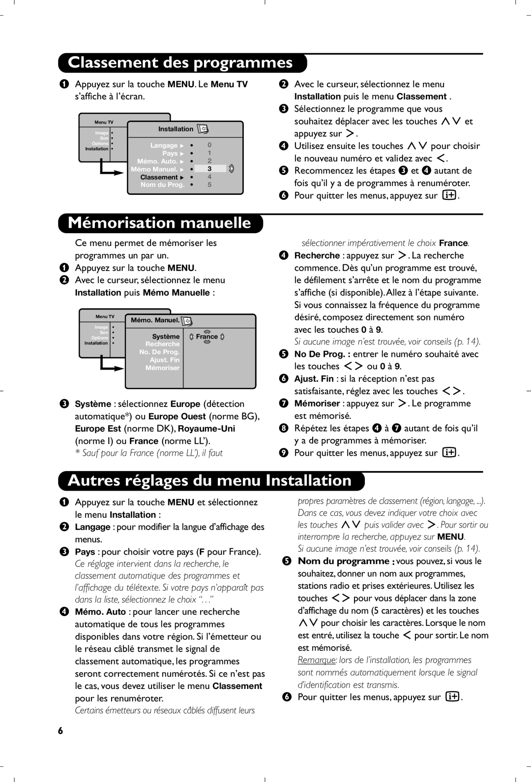 Philips 15PF5120/58 manual Classement des programmes, Mémorisation manuelle, Autres réglages du menu Installation 