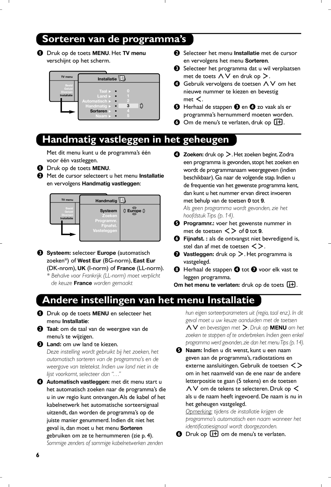 Philips 15PF5120/58 manual Sorteren van de programma’s, Handmatig vastleggen in het geheugen 