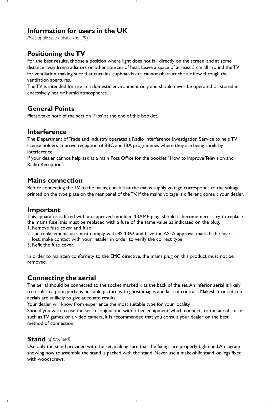 Philips 15PF5120/58 Information for users in the UK, Positioning the TV, General Points, Interference, Mains connection 