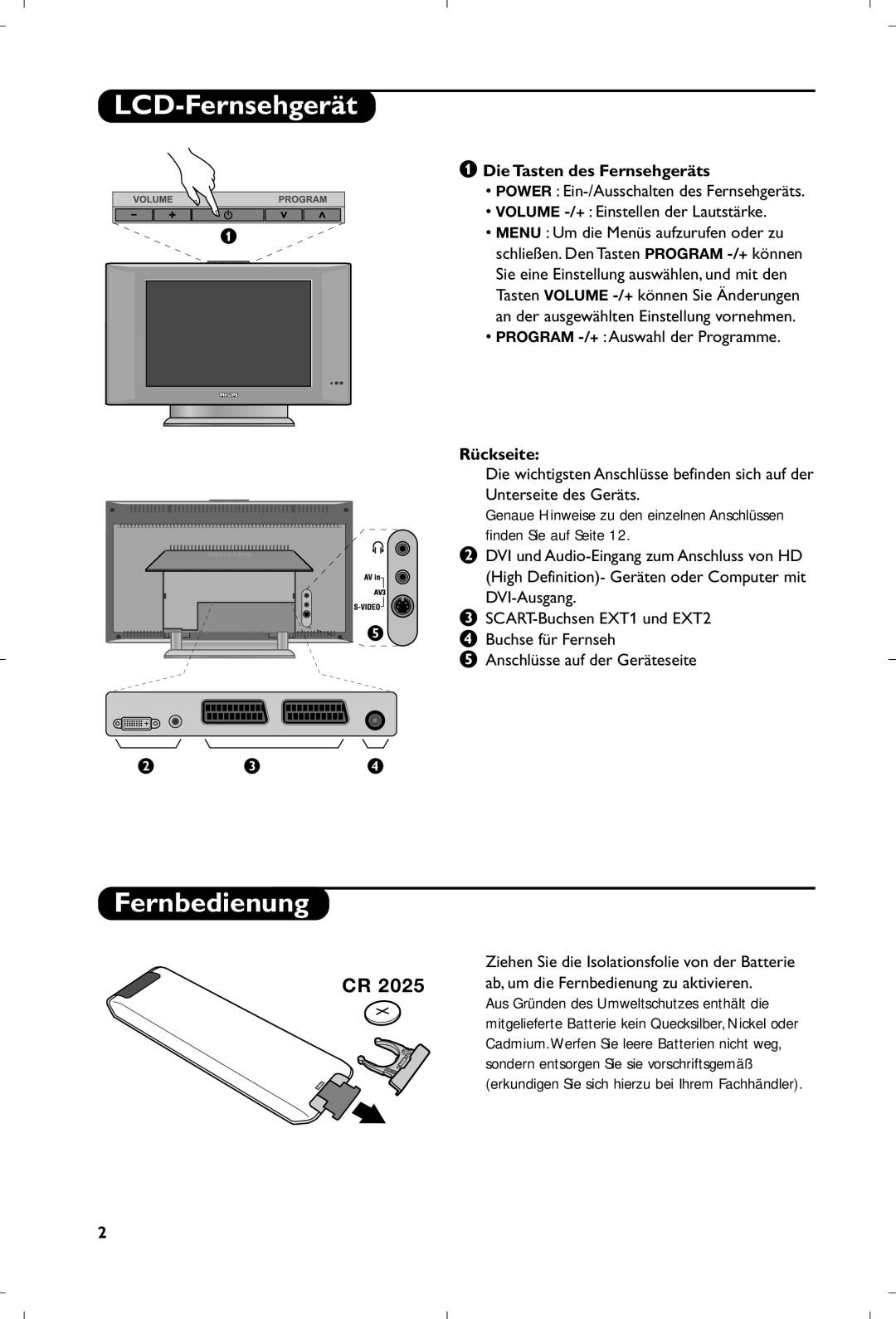 Philips 15PF5120/58 manual LCD-Fernsehgerät, Fernbedienung, Die Tasten des Fernsehgeräts, Program -/+ Auswahl der Programme 