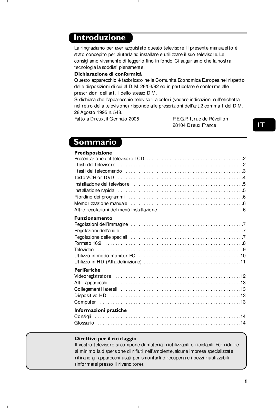 Philips 15PF5120/58 manual Introduzione, Sommario 