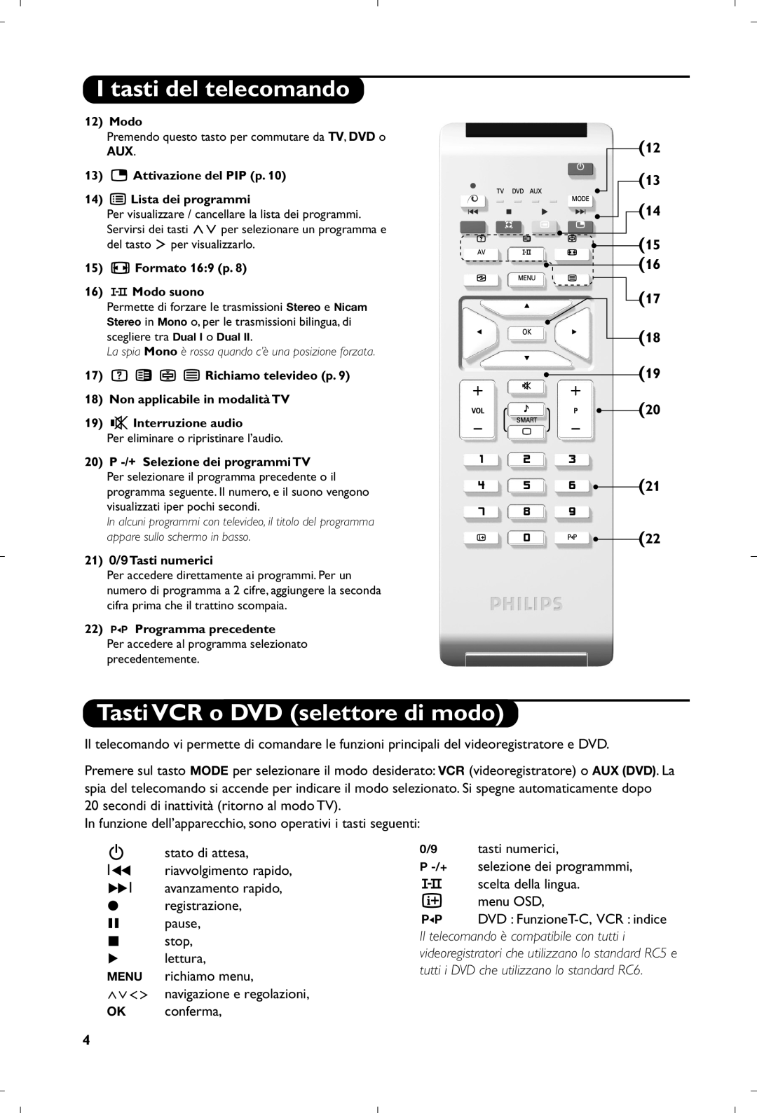 Philips 15PF5120/58 manual Tasti VCR o DVD selettore di modo 