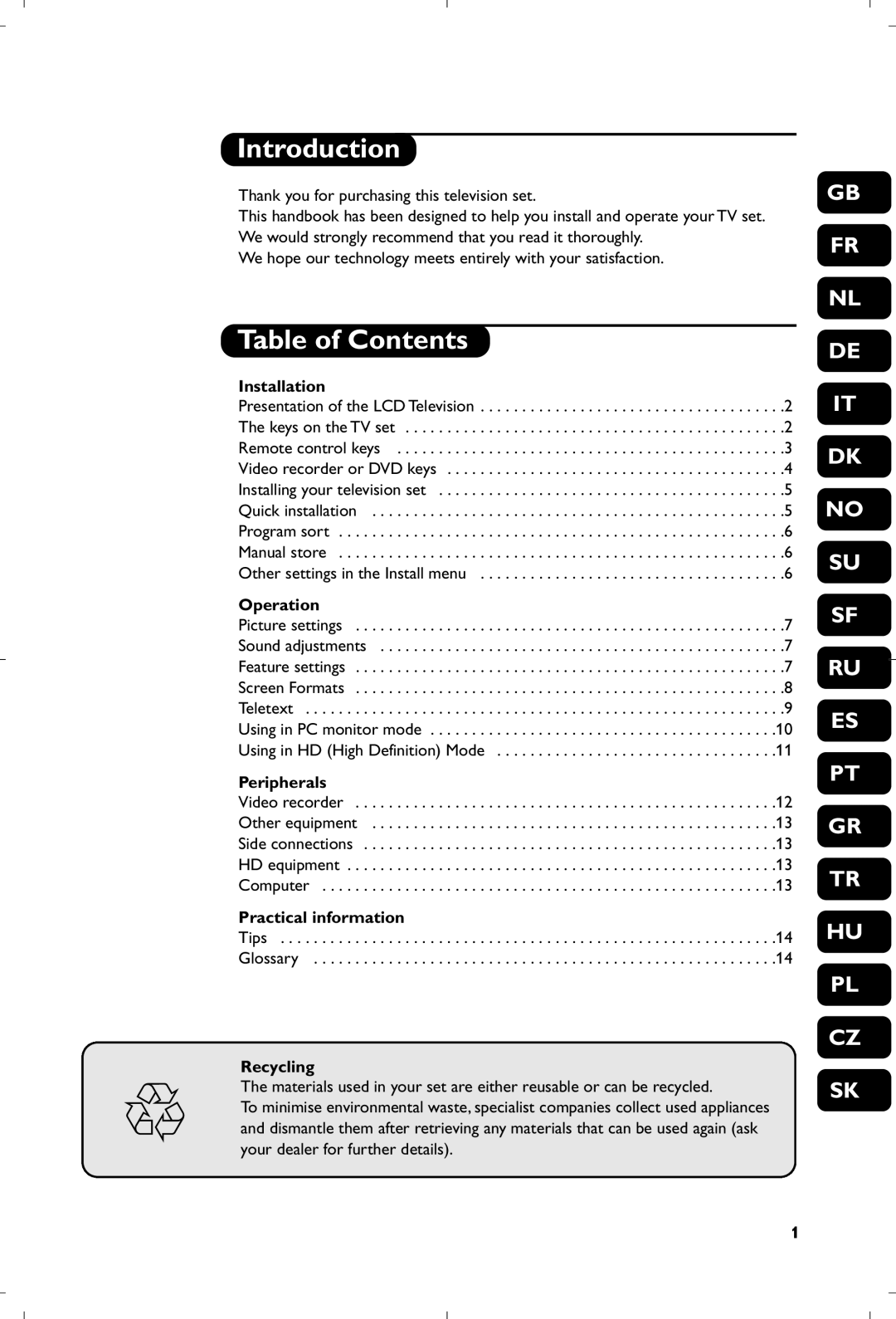 Philips 15PF5120/58 manual Introduction, Table of Contents 