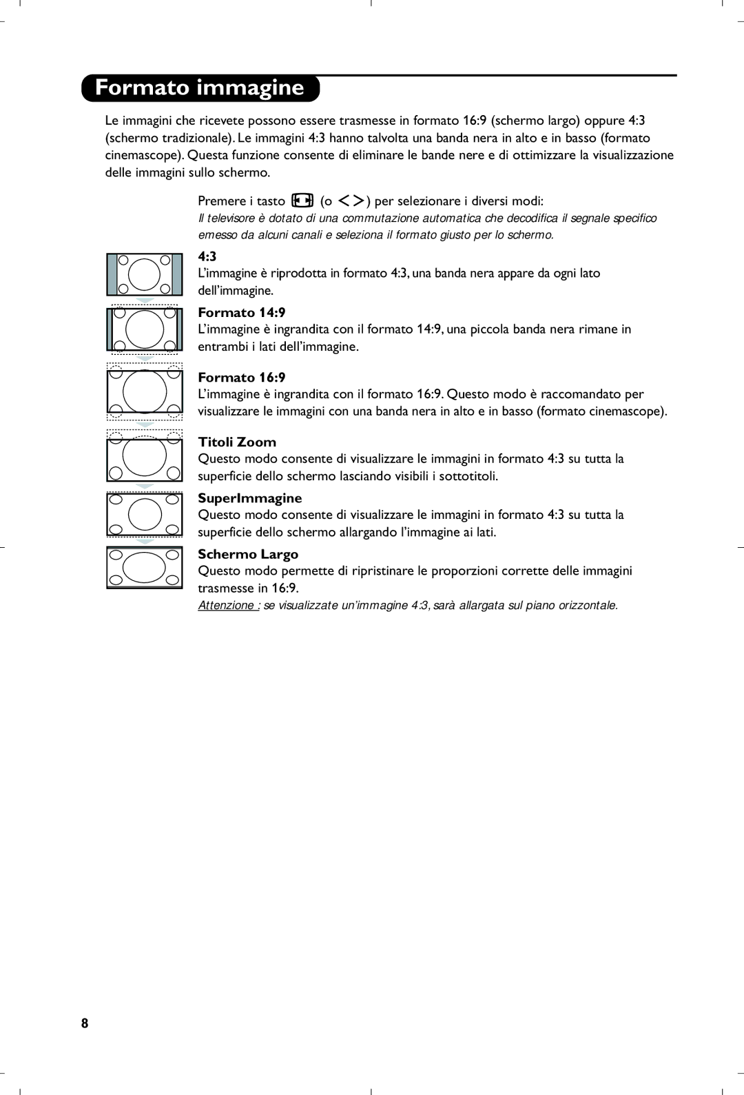 Philips 15PF5120/58 manual Formato immagine, Titoli Zoom, SuperImmagine, Schermo Largo 