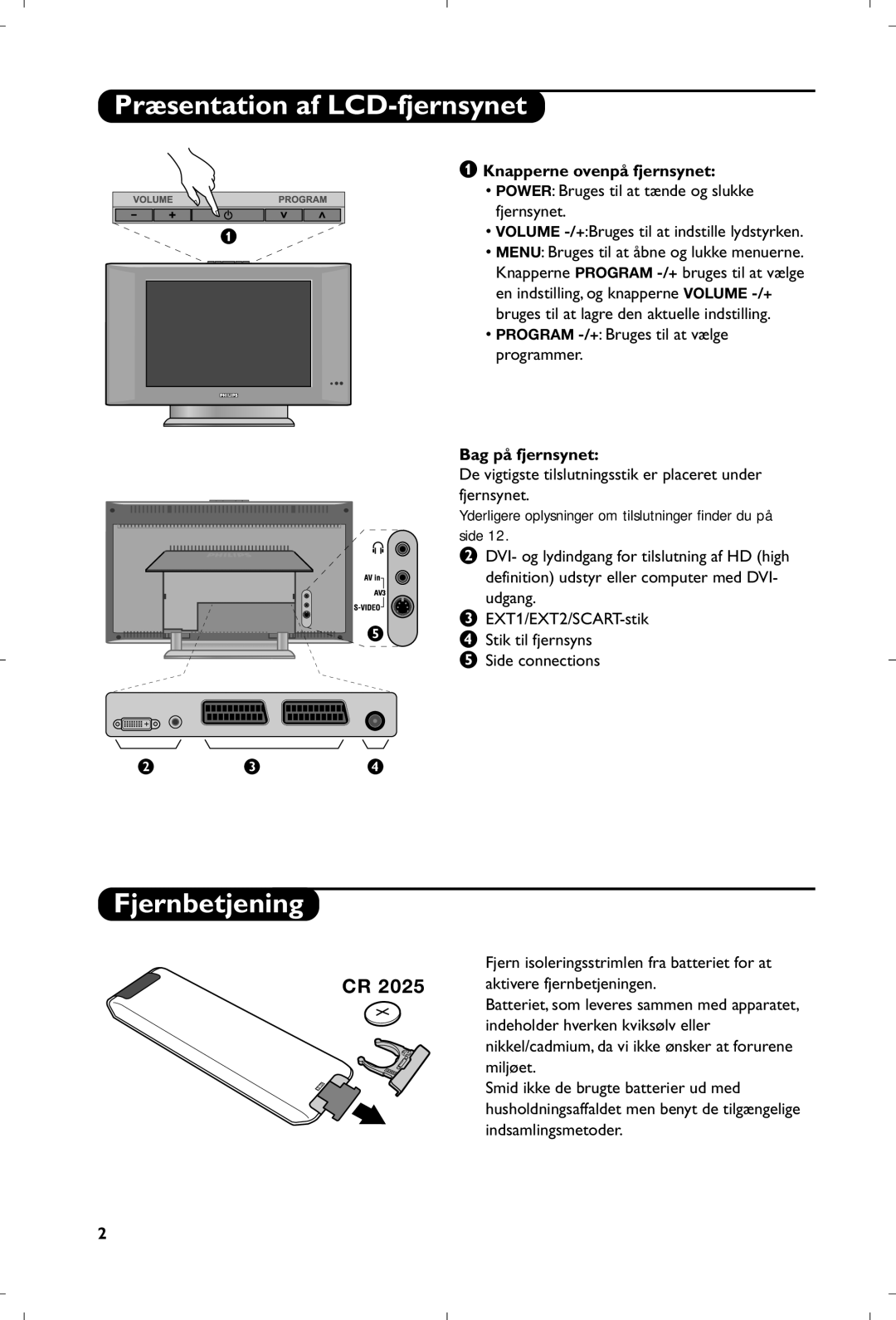 Philips 15PF5120/58 manual Præsentation af LCD-fjernsynet, Fjernbetjening, Knapperne ovenpå fjernsynet, Bag på fjernsynet 