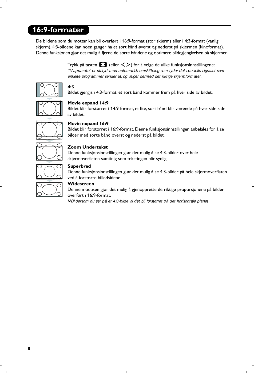 Philips 15PF5120/58 manual Formater, Zoom Undertekst, Superbred 