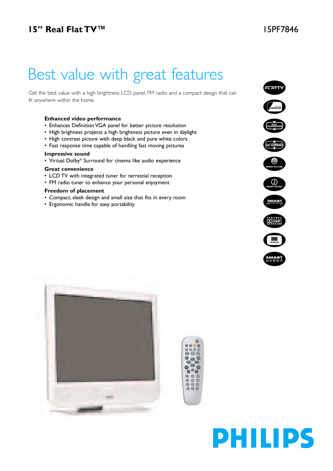 Philips 15PF7846 manual Enhanced video performance, Impressive sound, Great convenience, Freedom of placement 