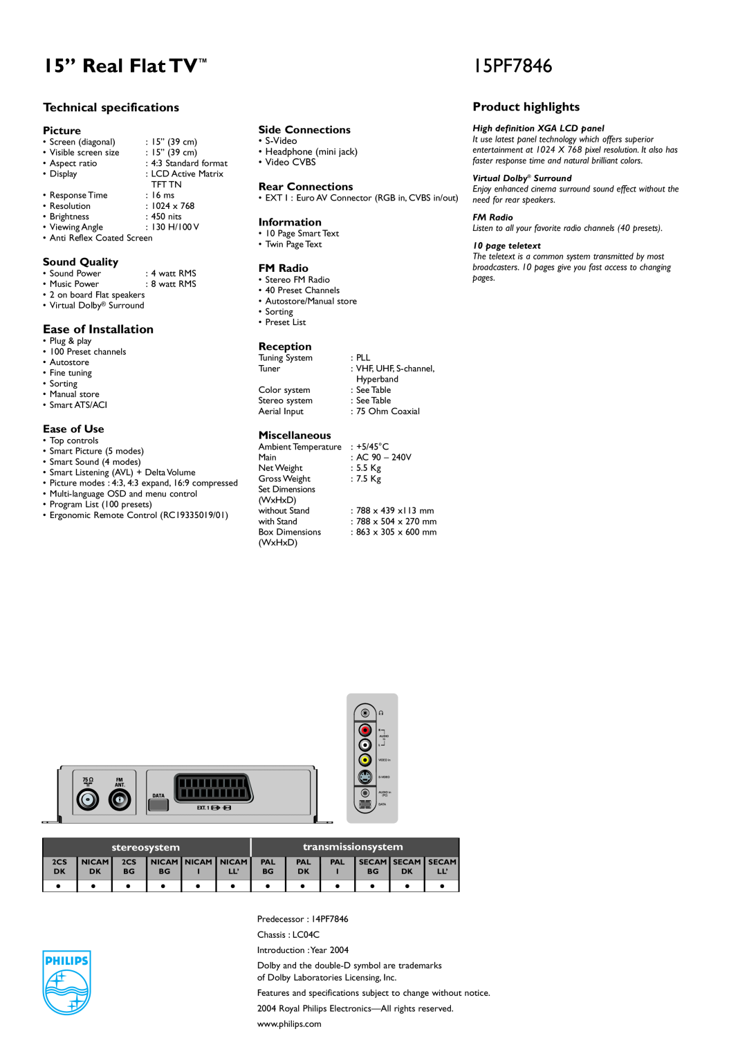 Philips 15PF7846 Technical specifications, Ease of Installation, Product highlights, 15” Real Flat TV, Picture, FM Radio 