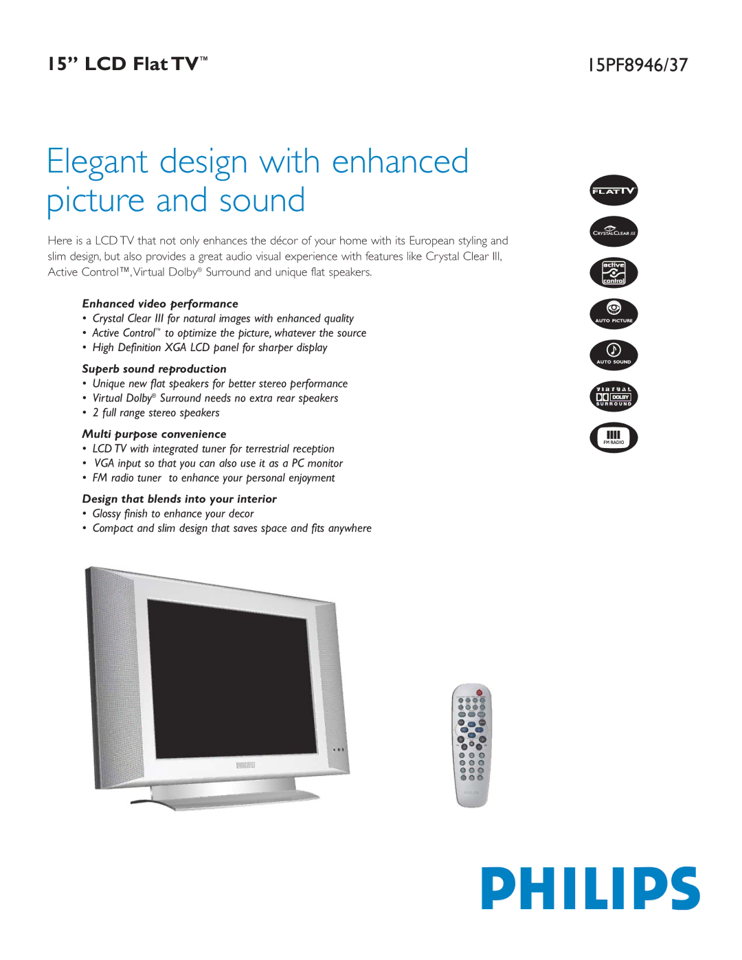 Philips 15PF8937 manual Enhanced video performance, Superb sound reproduction, Multi purpose convenience 