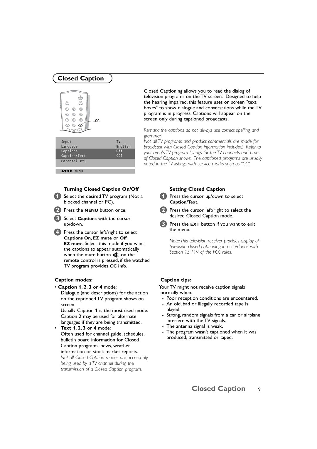 Philips 15PF9925/12S manual Closed Caption 