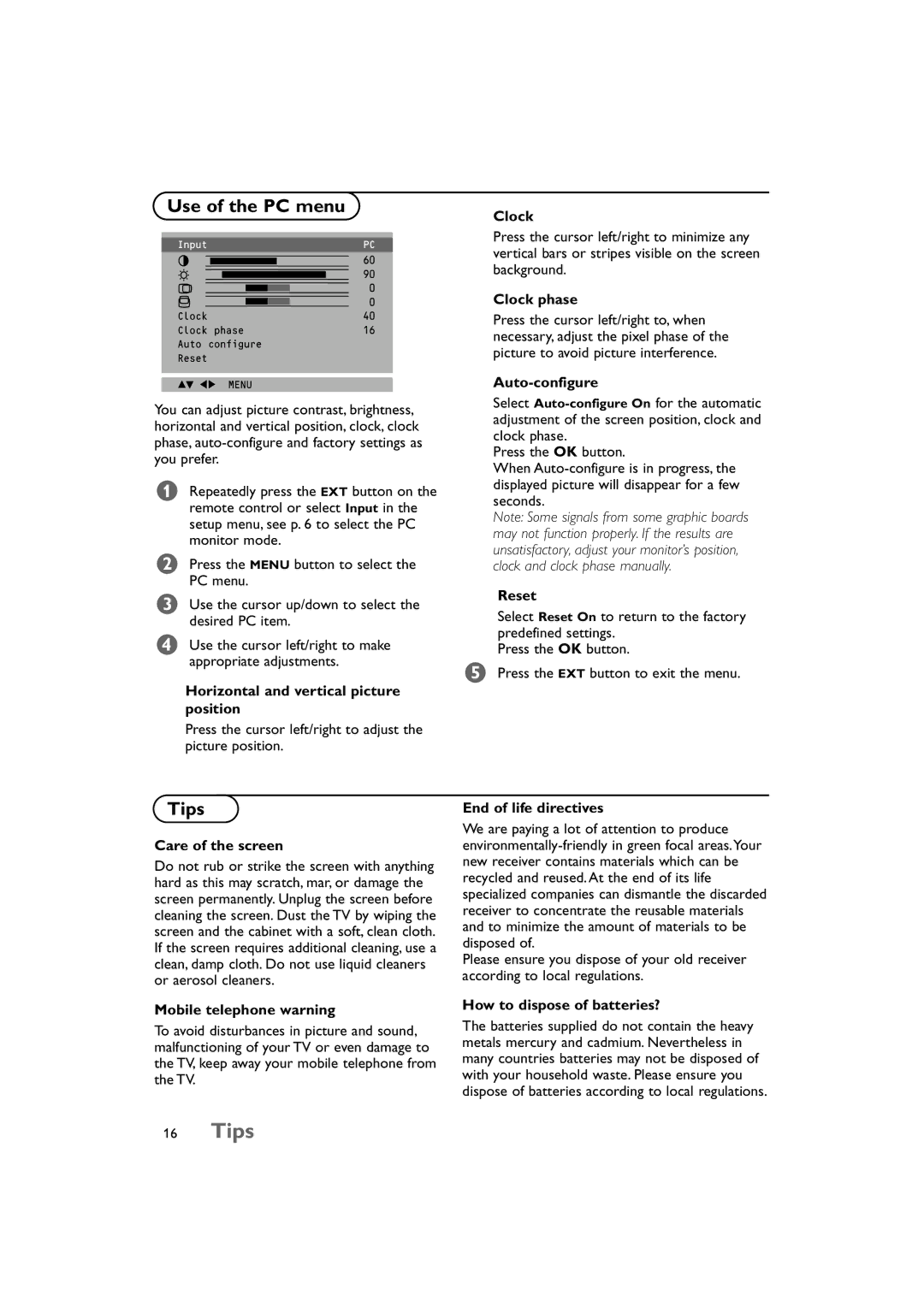 Philips 15PF9925/12S manual Tips, Use of the PC menu 