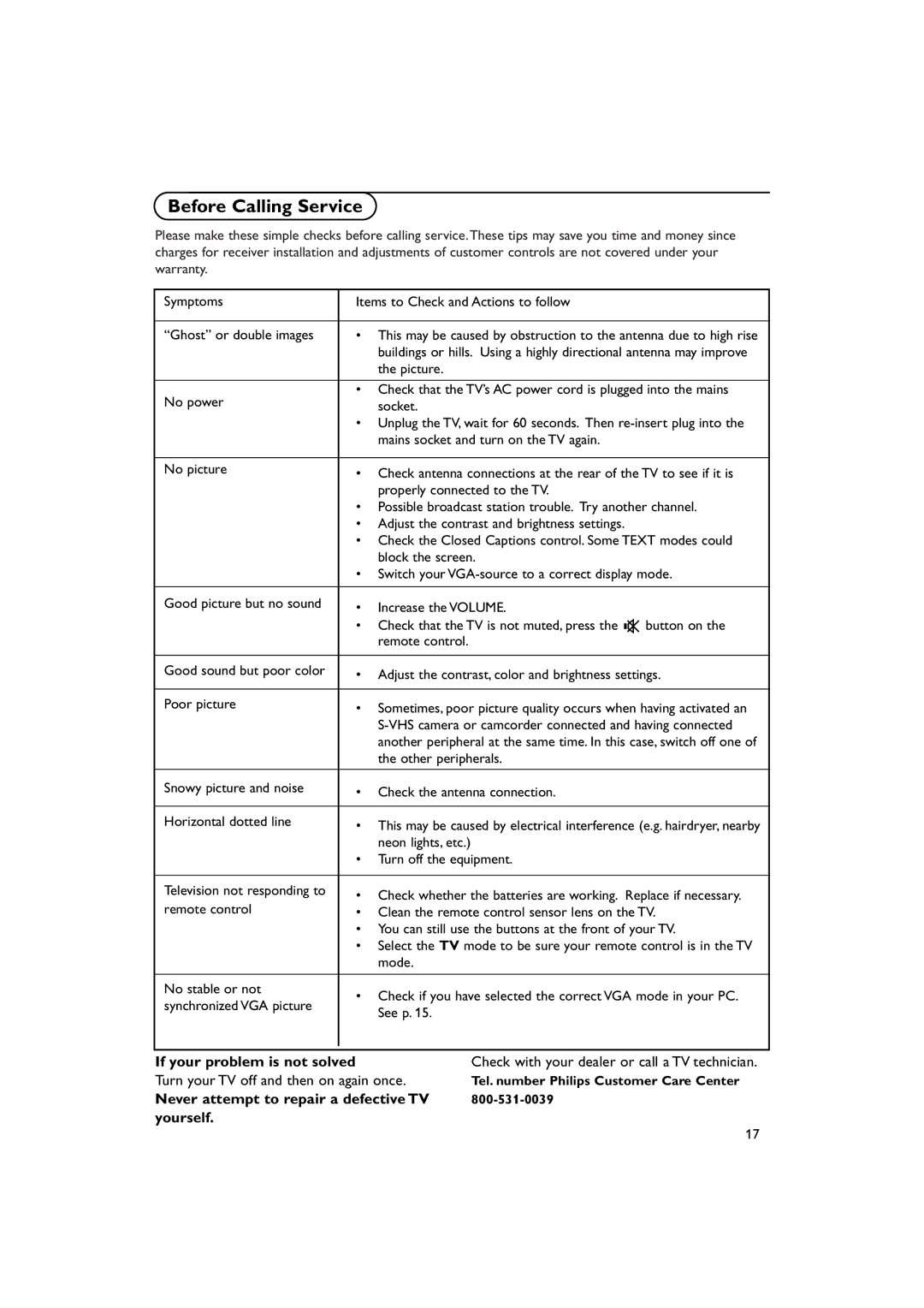 Philips 15PF9925/12S manual Before Calling Service, If your problem is not solved, Turn your TV off and then on again once 