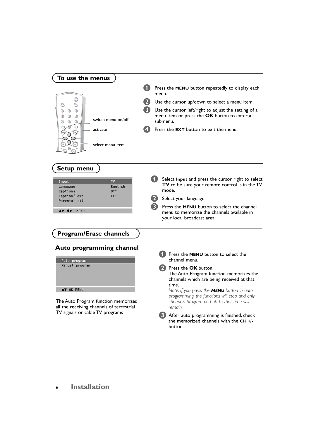 Philips 15PF9925/12S manual Installation, To use the menus, Setup menu, Program/Erase channels Auto programming channel 