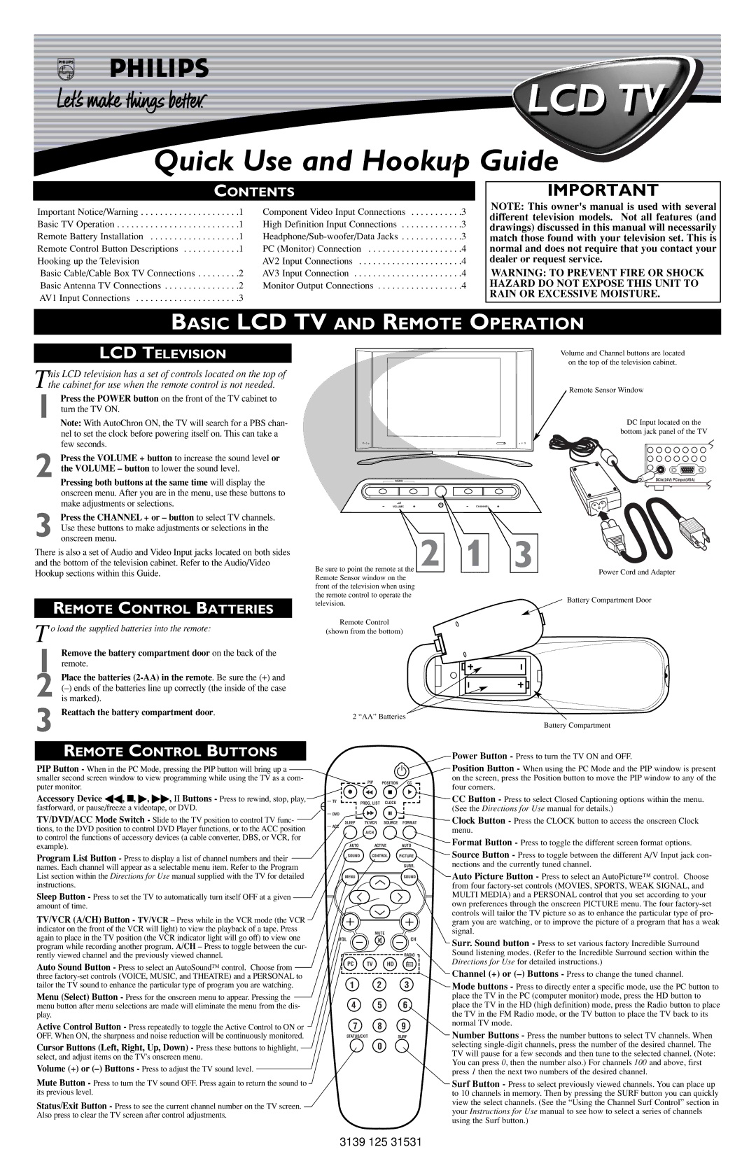 Philips 15PF9936/37 owner manual Basic LCD TV and Remote Operation, Contents, LCD Television, Remote Control Batteries 