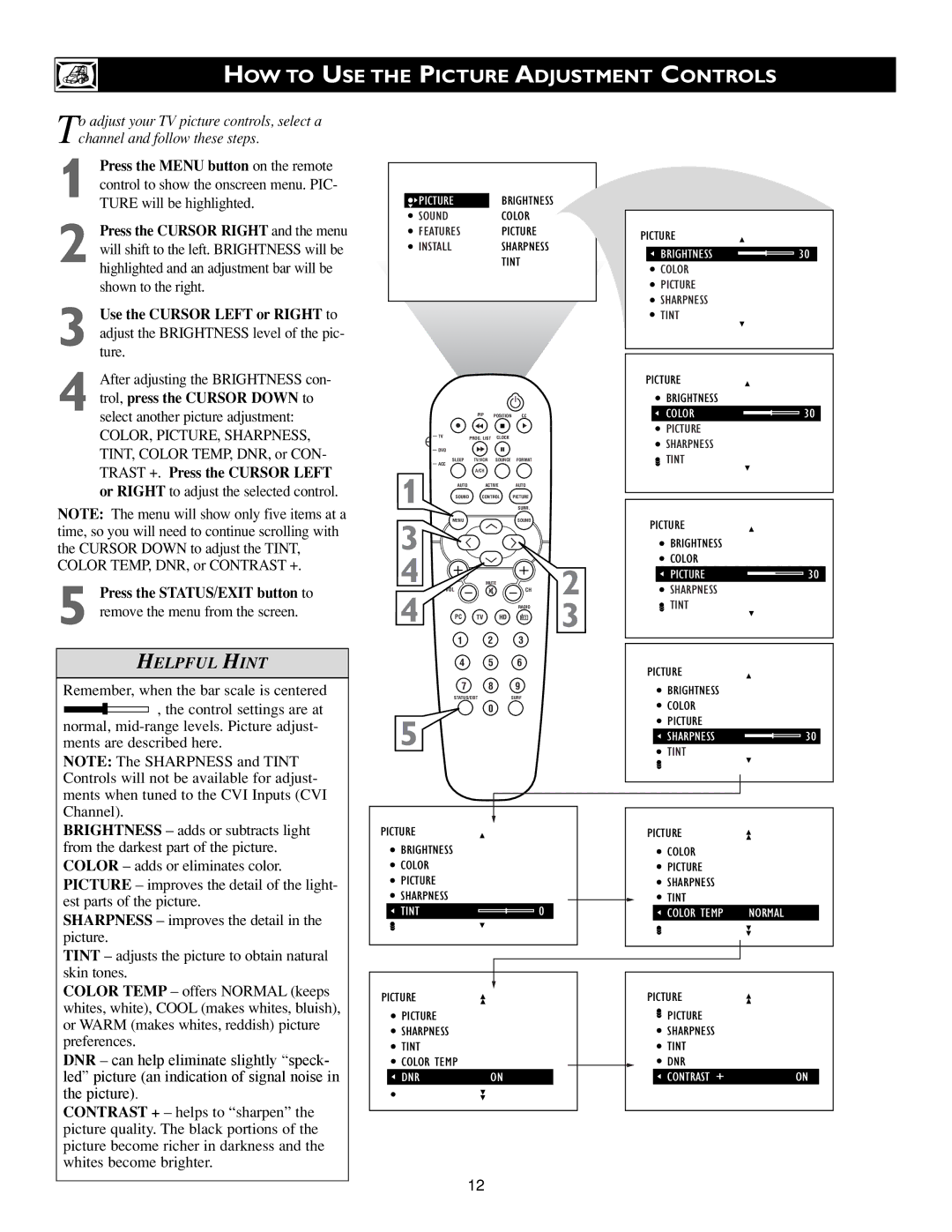 Philips 15PF9936/58 warranty HOW to USE the Picture Adjustment Controls 